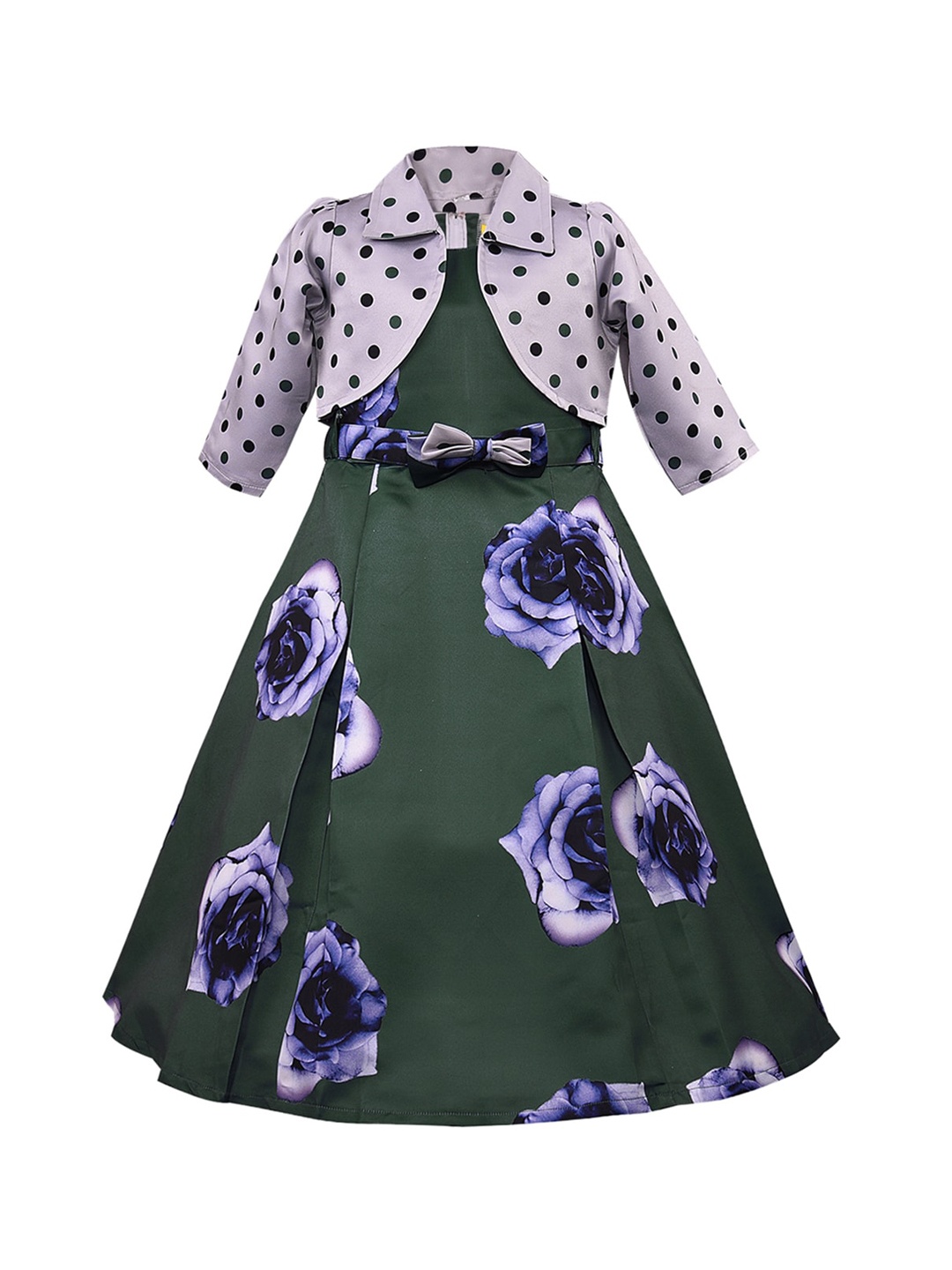 

Wish Karo Girls Green Printed Fit and Flare Dress With Shrug