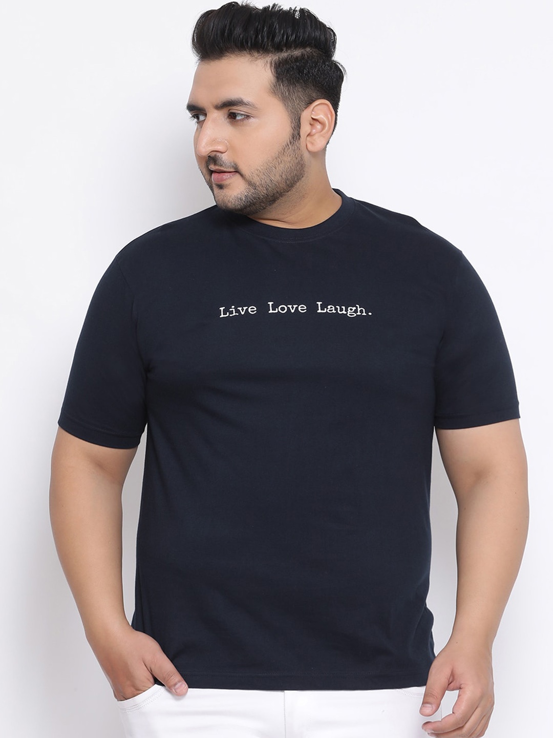 

YOLOCLAN Plus Size Men Navy Blue Printed Round Neck Cotton T-shirt