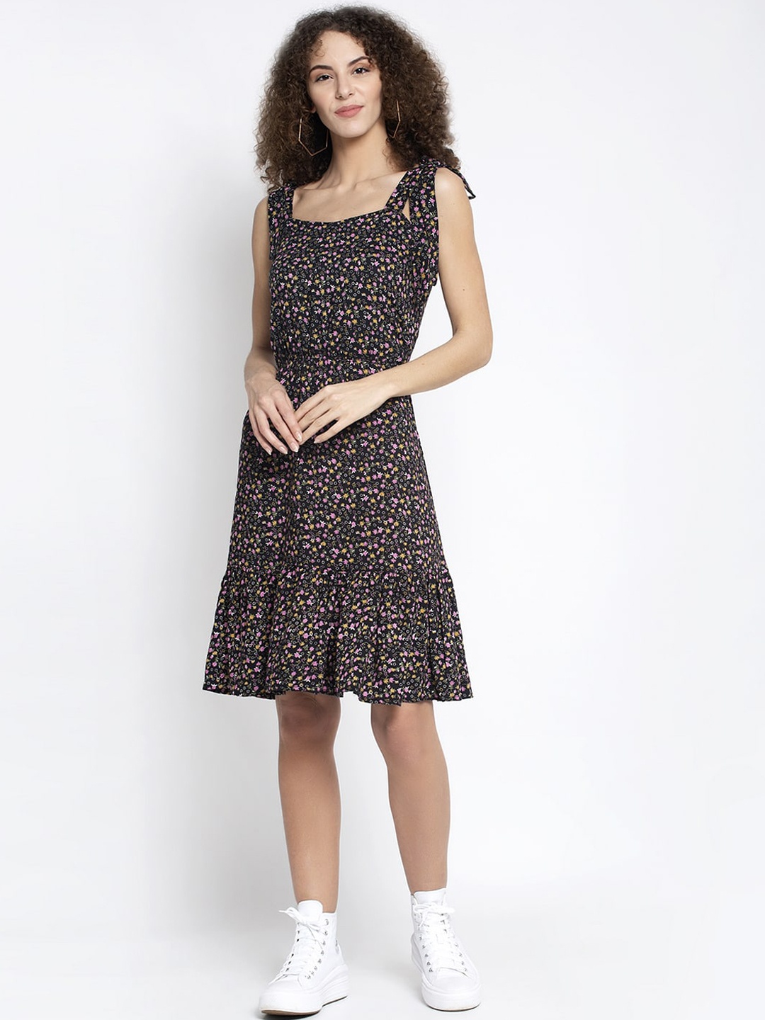 

Just Wow Women Black Floral Printed Cotton Fit and Flare Dress