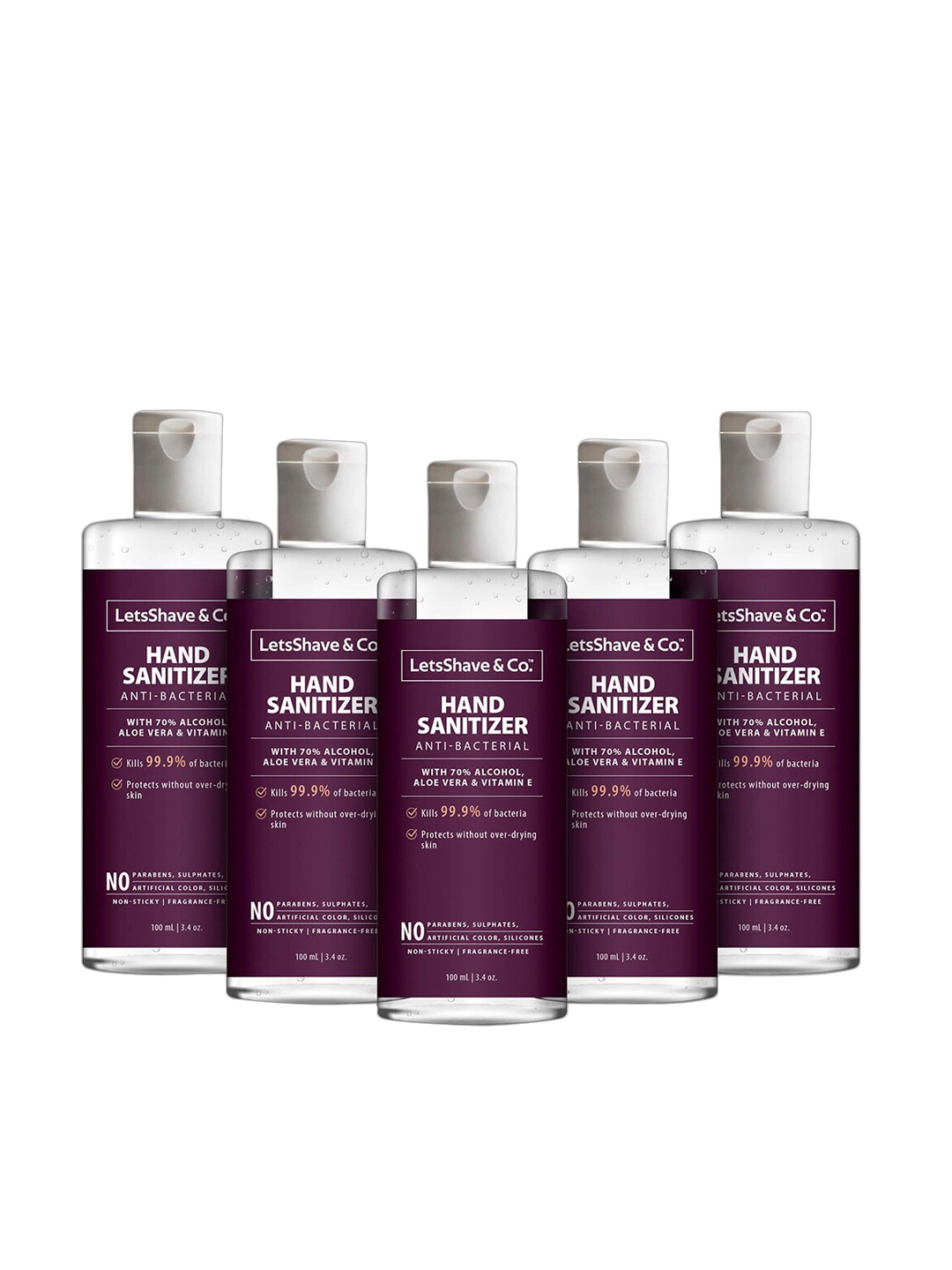

LetsShave Pack of 5 Anti Bacterial Hand Sanitizer with 70% Alcohol - 100 ml each, Purple