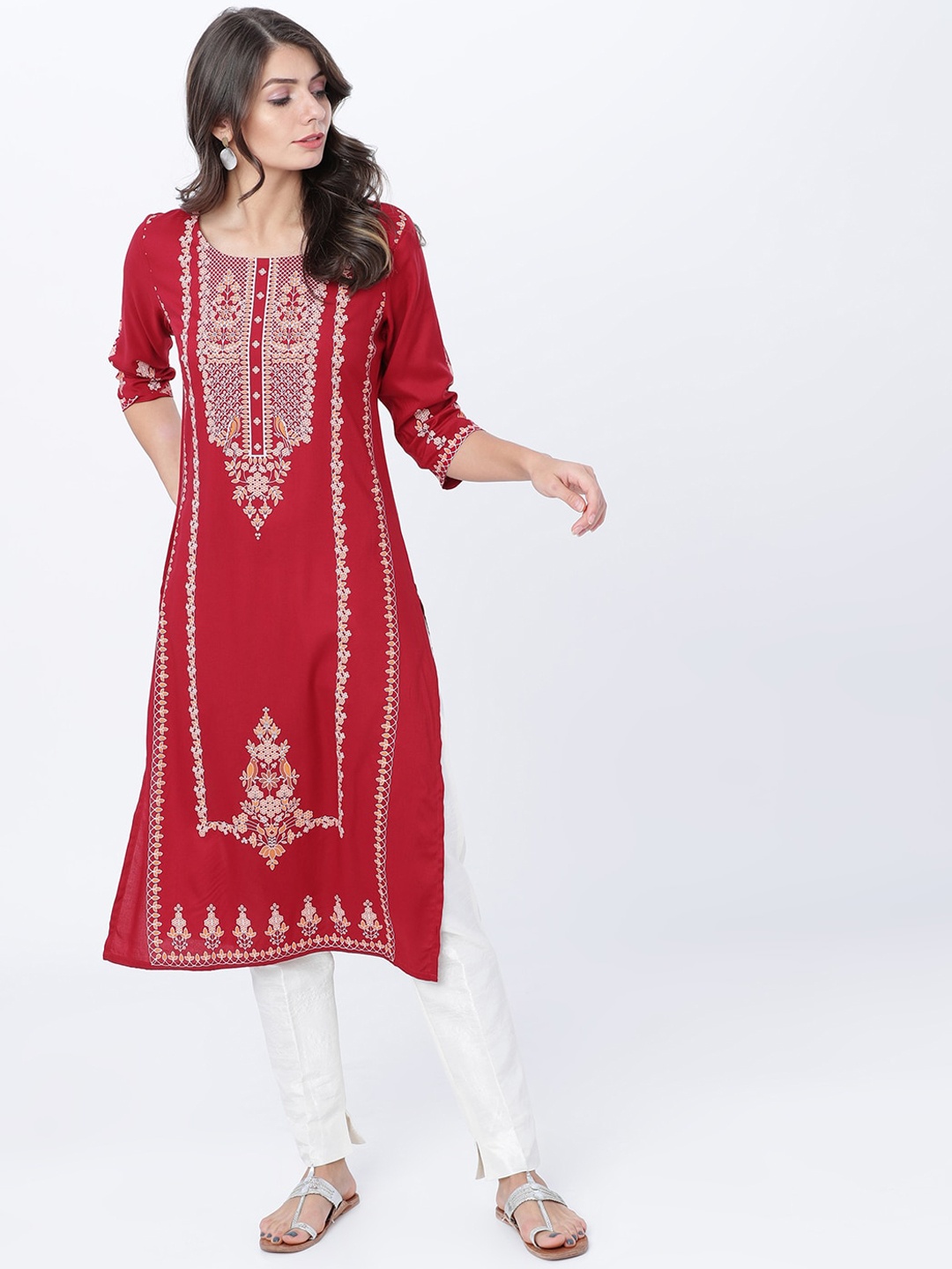 

Vishudh Women Red Printed Straight Kurta