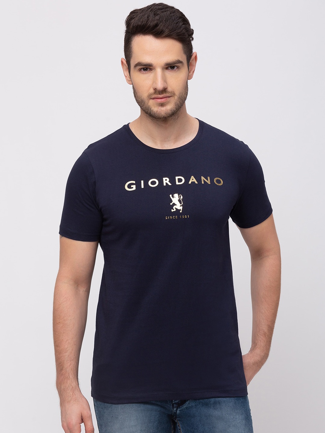 

GIORDANO Men Navy Blue Brand Logo Print Round Neck T-shirt