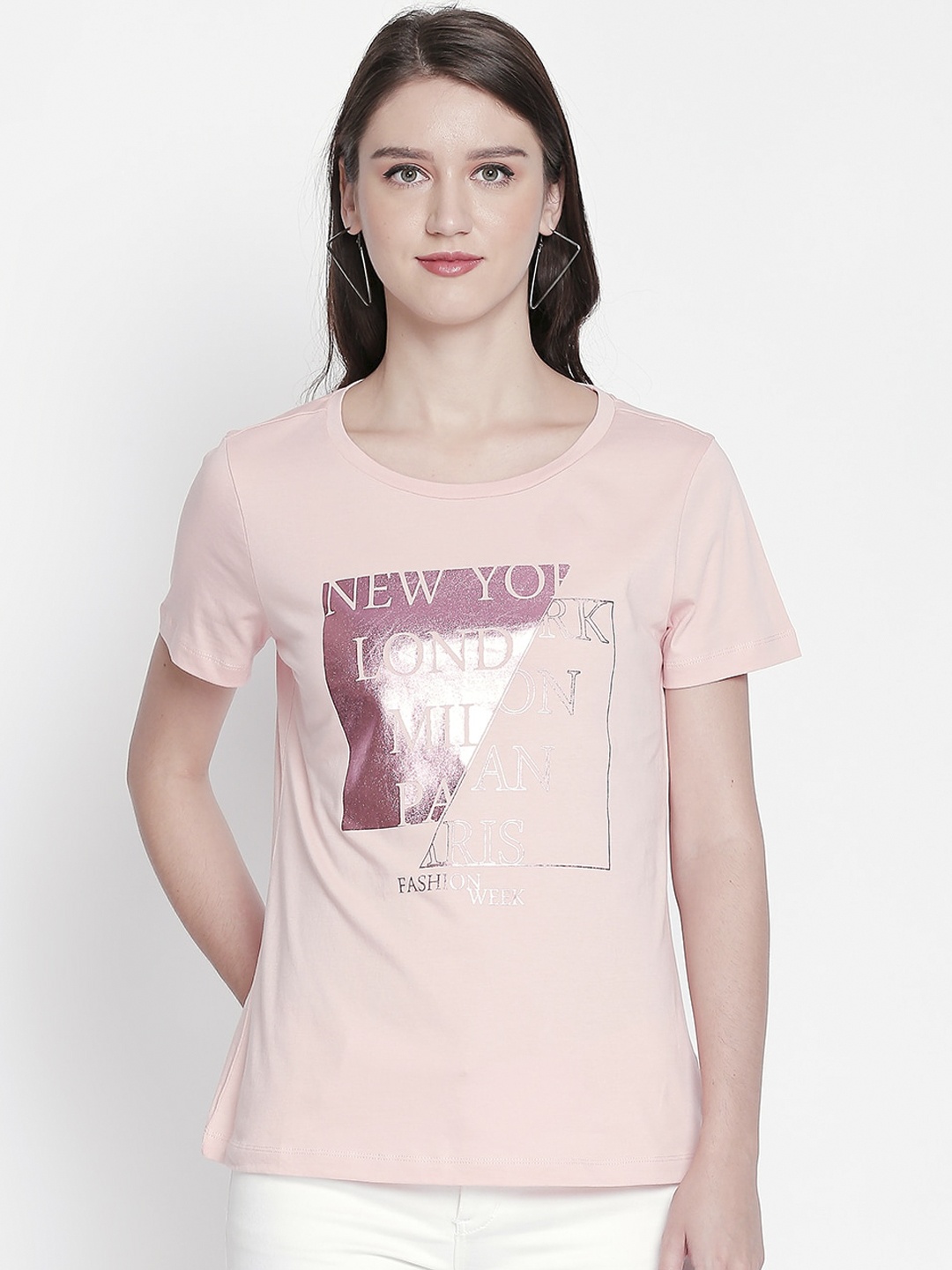 

Honey by Pantaloons Women Pink Printed Round Neck Pure Cotton T-shirt