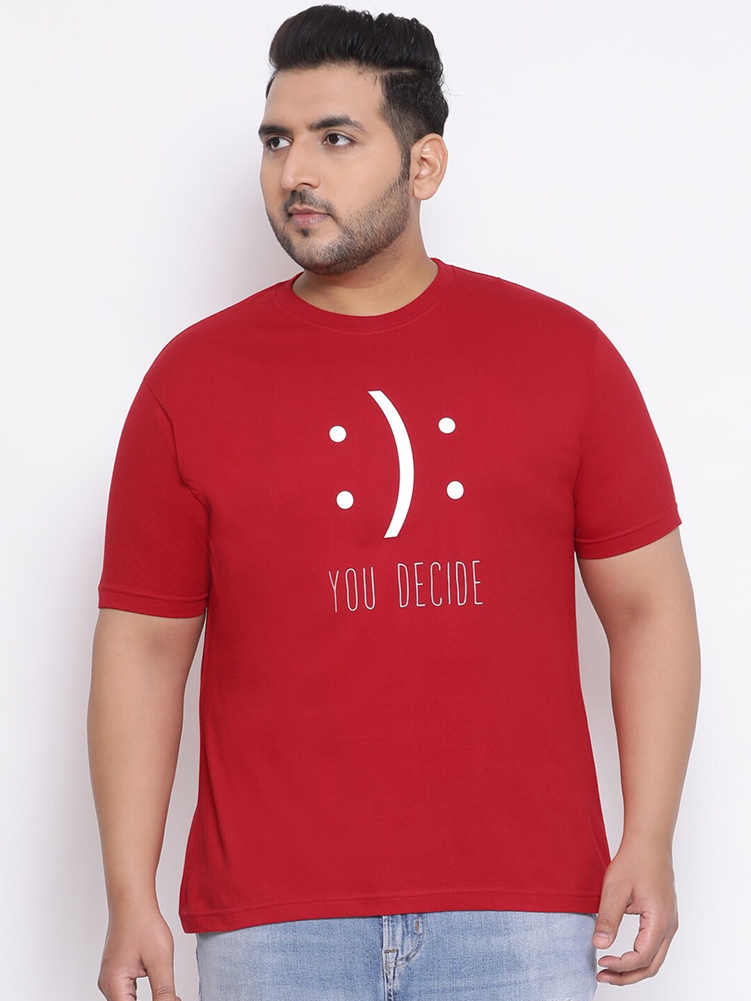 

YOLOCLAN Plus Size Men Red Printed Cotton Round Neck T-shirt