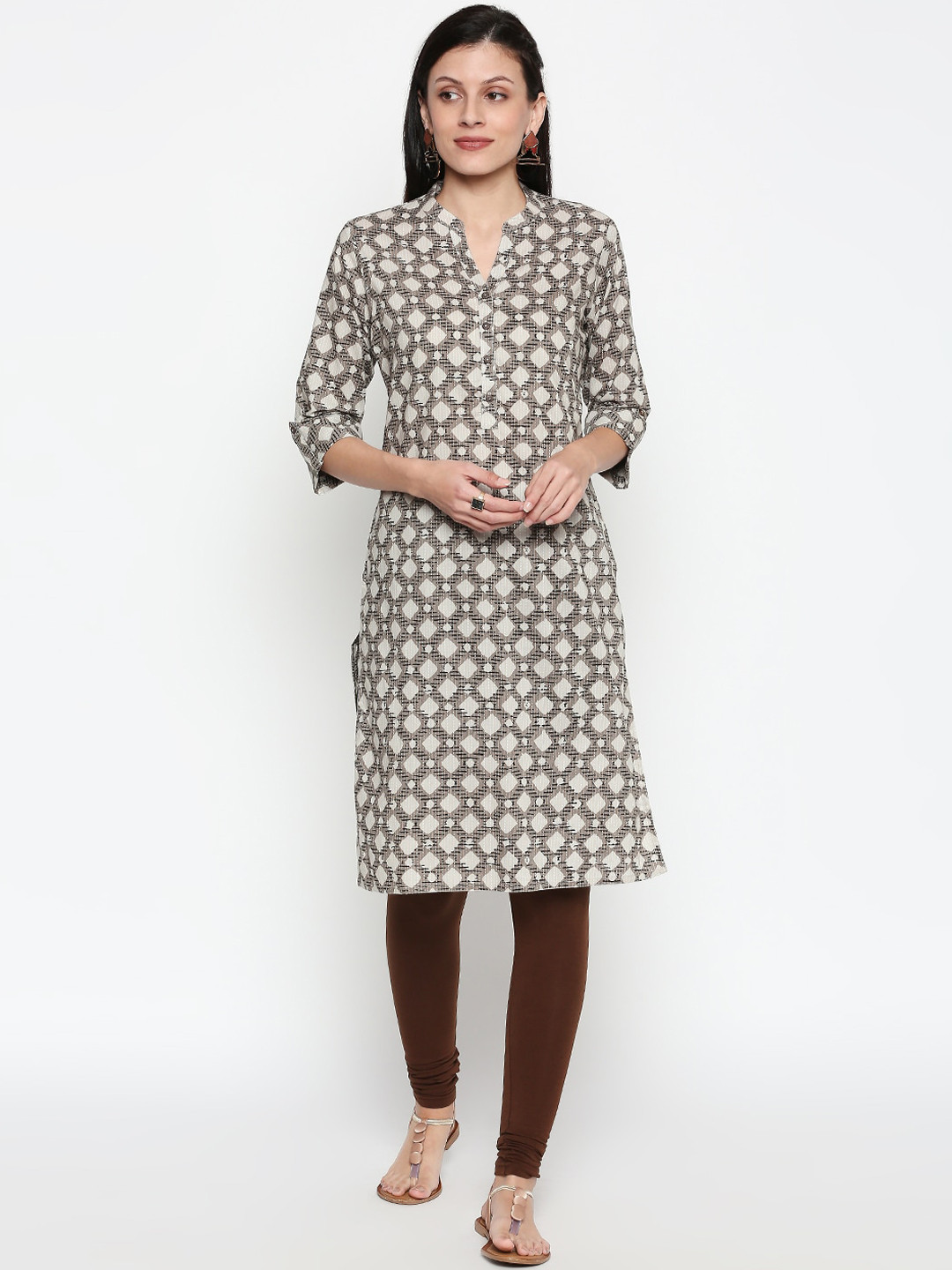 

RANGMANCH BY PANTALOONS Women Beige Printed Cotton Straight Kurta