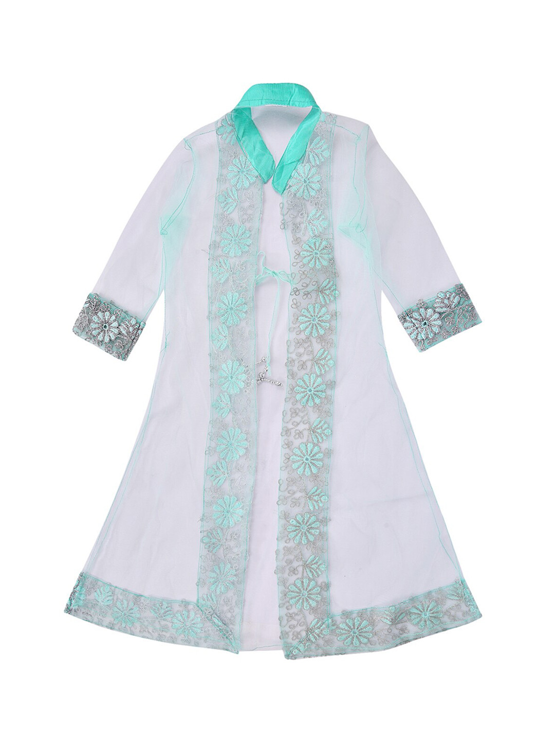 

Wish Karo Girls Sea Green Self Design Fit and Flare Dress With Ethnic Shrug