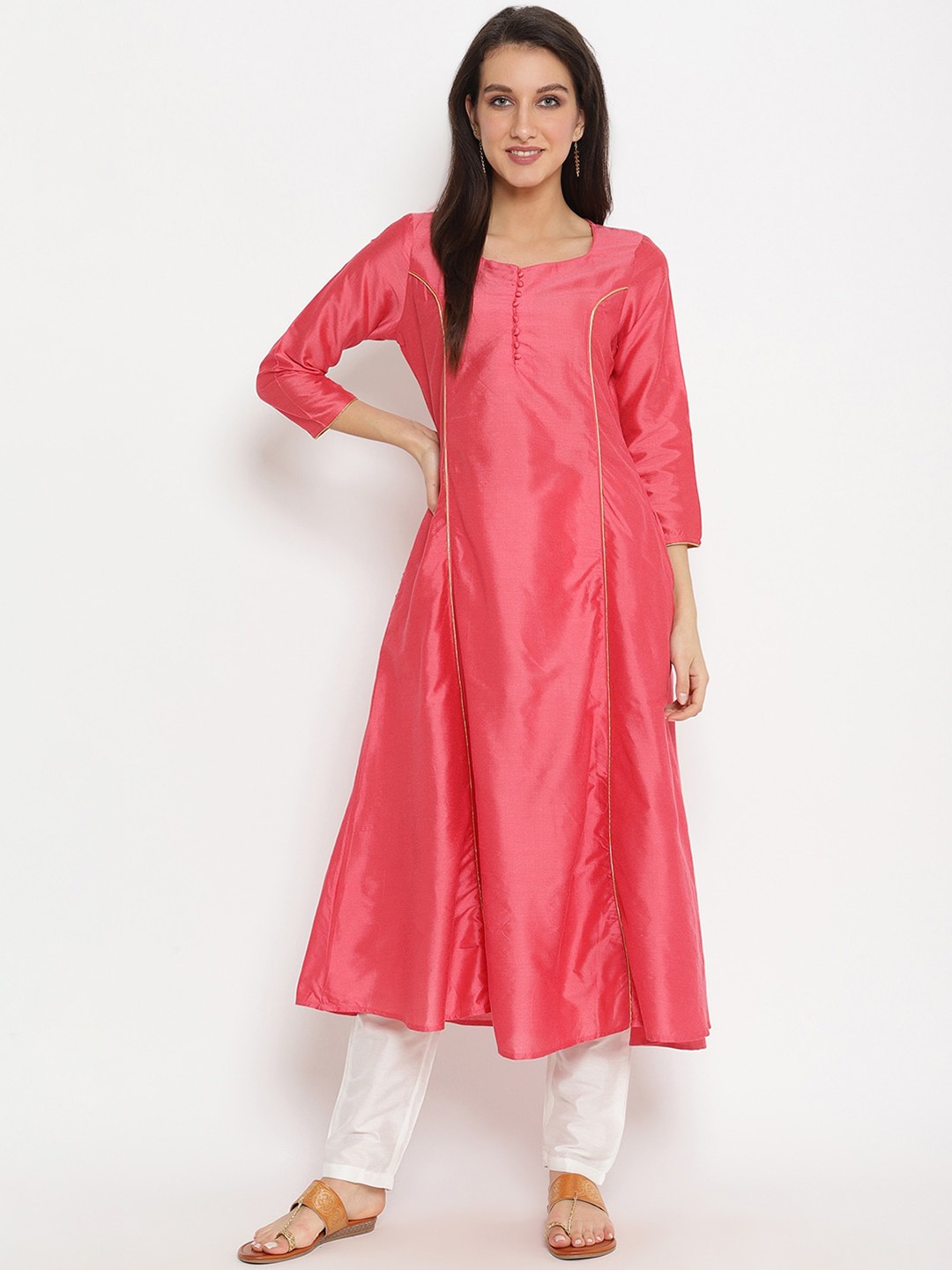 

Abhishti Button Detail A-Line Kurta with Trousers, Pink