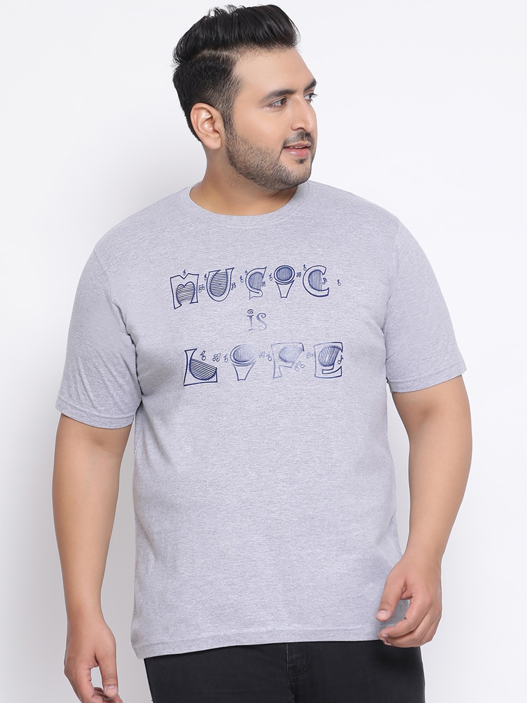 

YOLOCLAN Plus Size Men Grey Melange & Navy Blue Printed Round Neck T-shirt