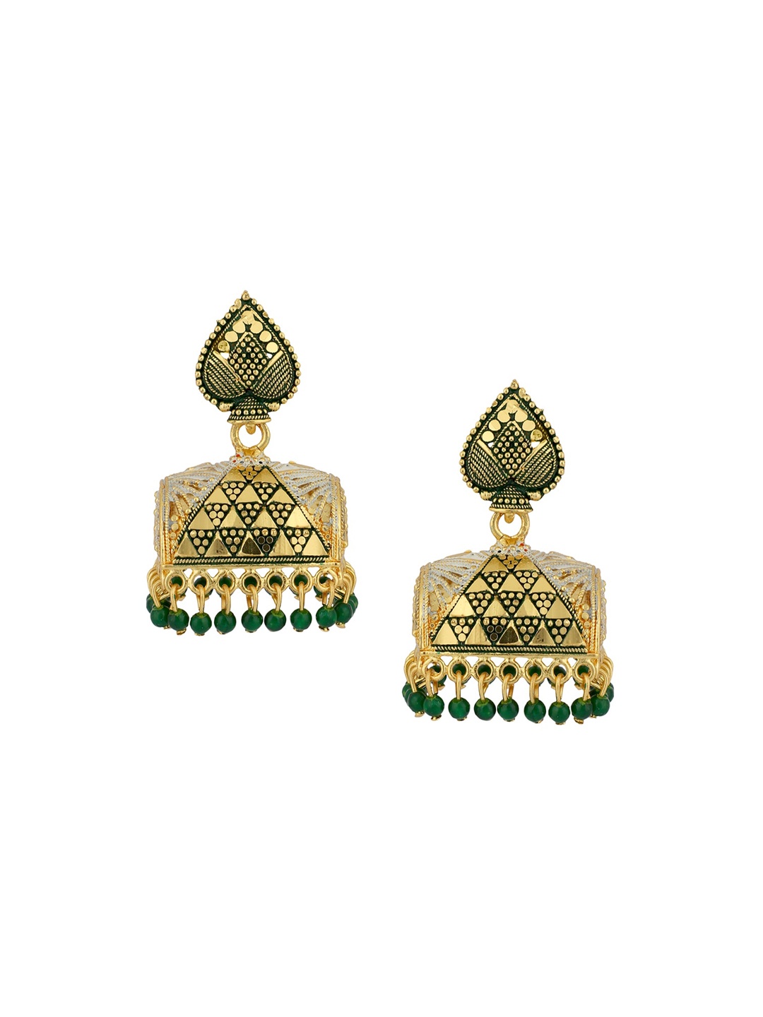 

ANIKAS CREATION Green & Gold-Toned Contemporary Jhumkas