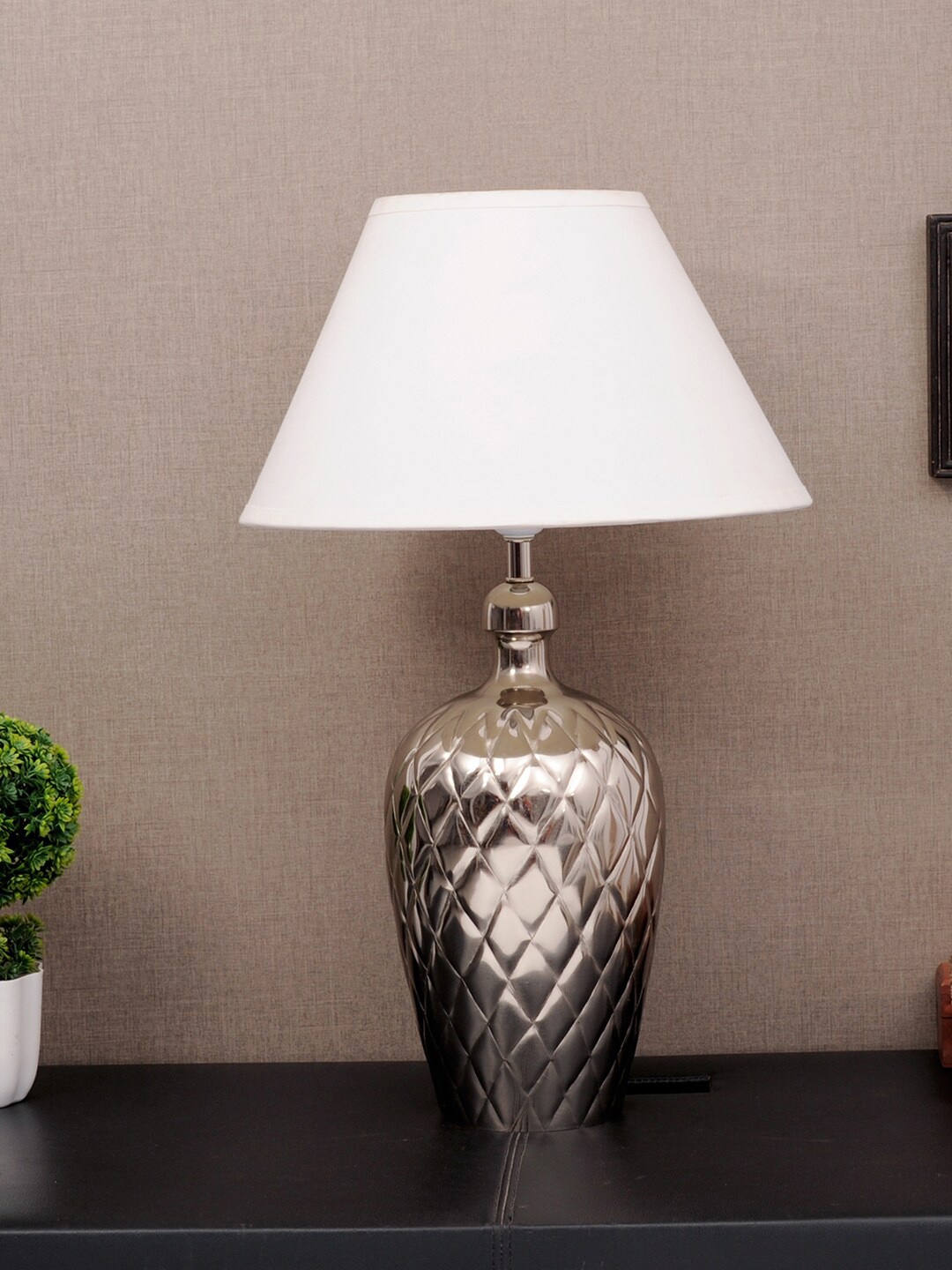 

THE LIGHT STORE Steel-Toned Self Design Table Lamp With White Shade