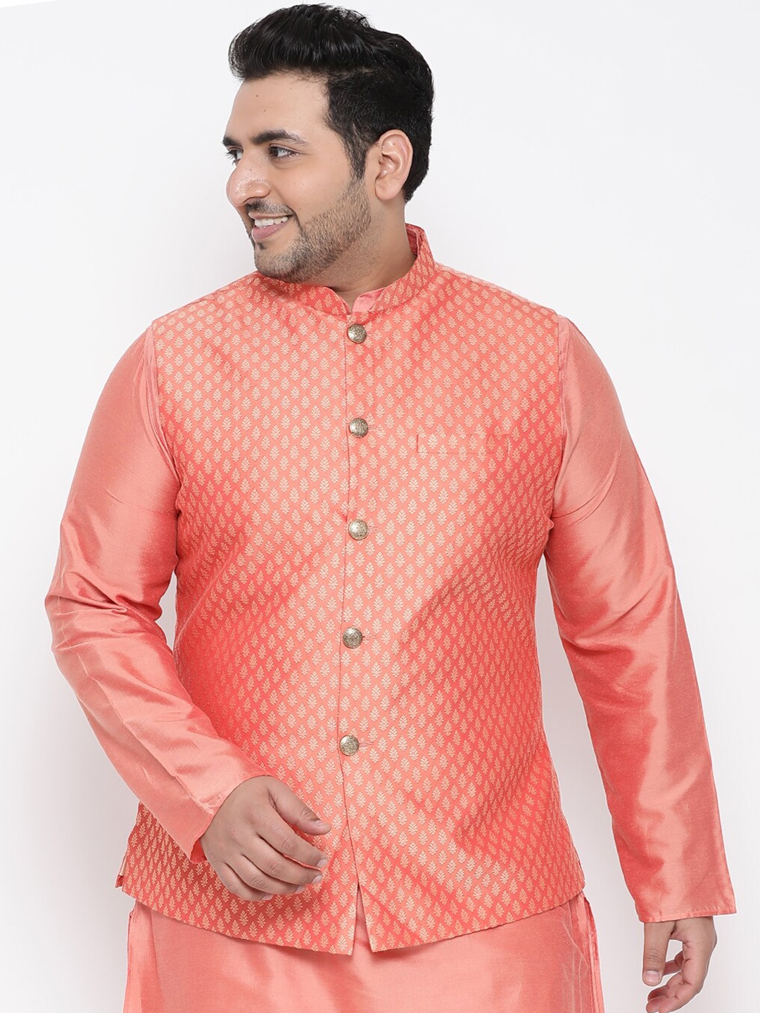 KISAH PLUS Men Peach Woven Design Nehru Jacket