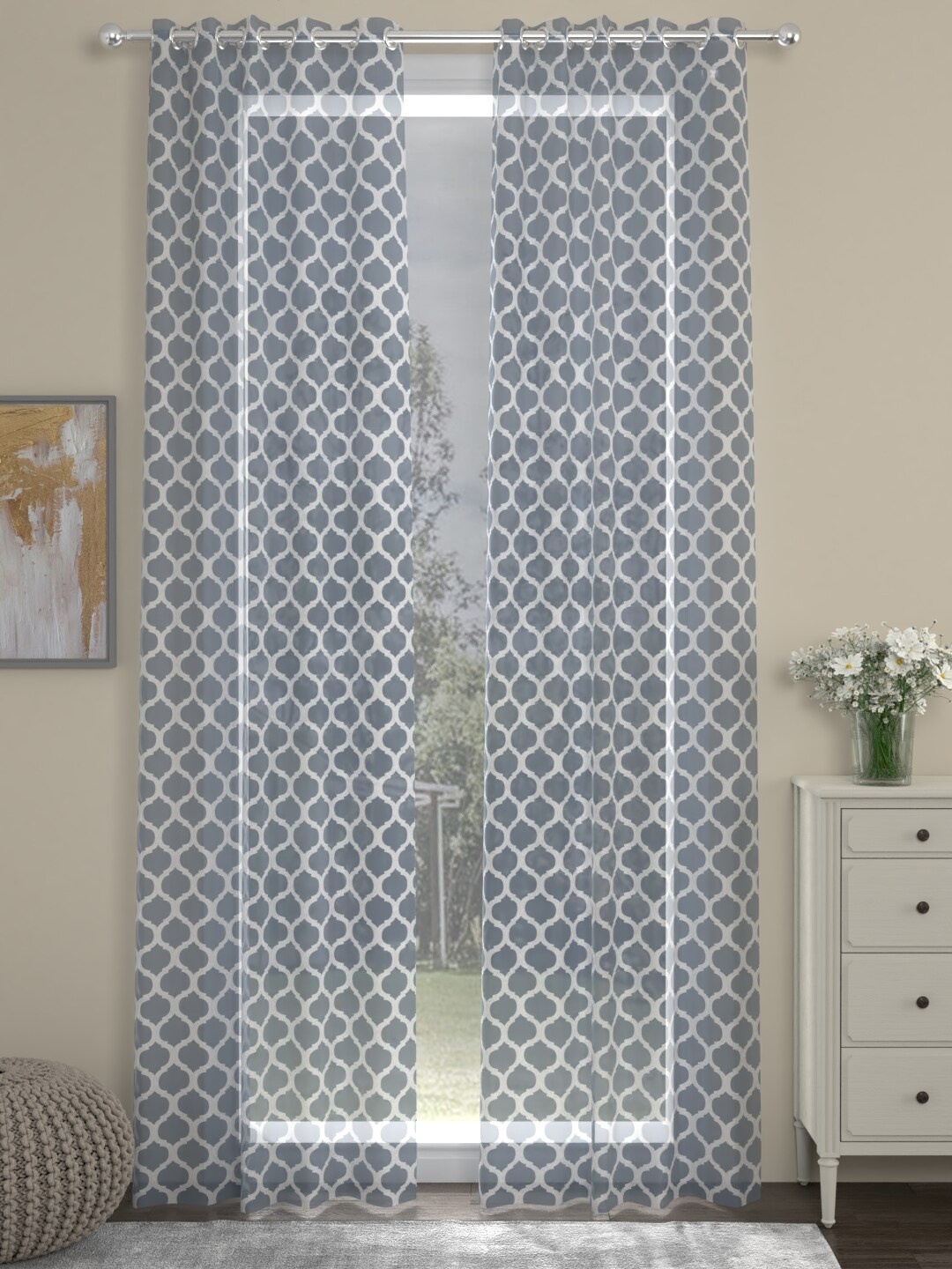 ROSARA HOME Set Of 2 Grey & White Geometric Printed Sheer Door Curtains
