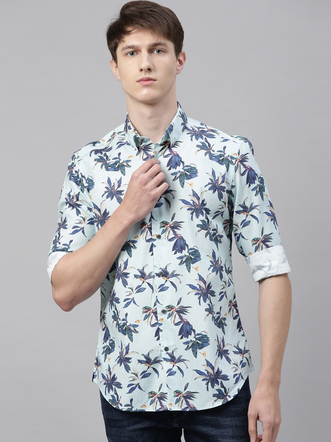 

RARE RABBIT Men Life Regular Fit Floral Printed Shirt, Turquoise blue