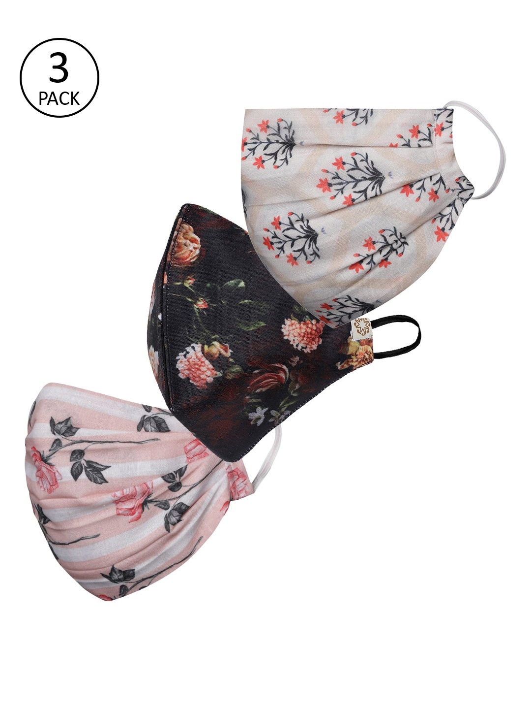 

VASTRAMAY Unisex Pack Of 3 Printed 2-Ply Reusable Cloth Masks, Black
