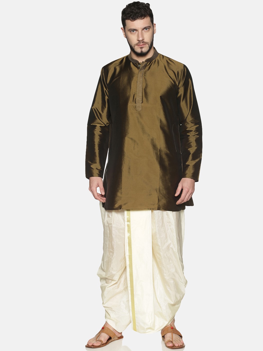 

TATTVA Men Olive & Cream-Coloured Solid Kurta with Dhoti Pants, Green