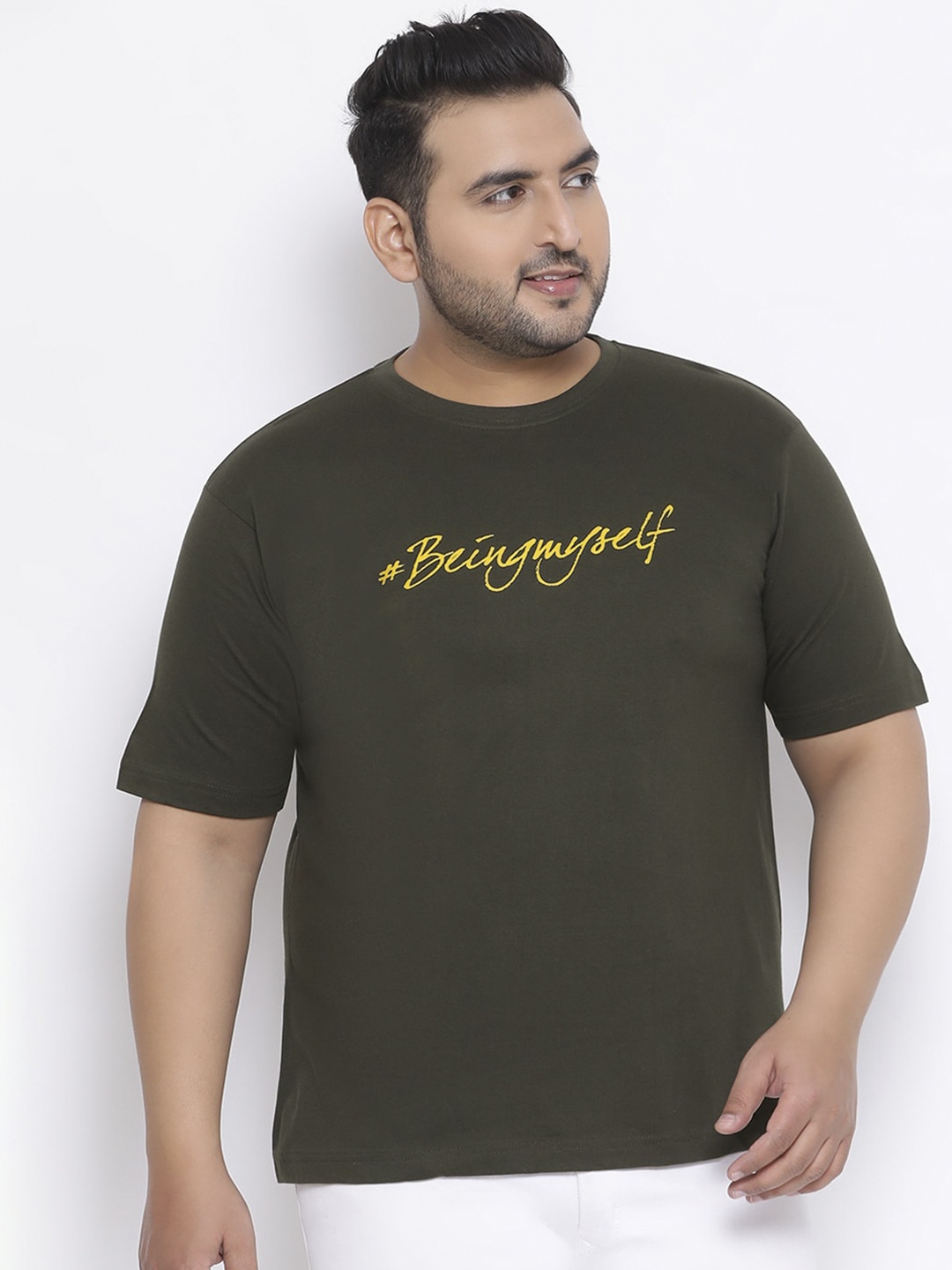 

YOLOCLAN Plus Size Men Olive Green Printed Round Neck Cotton T-shirt