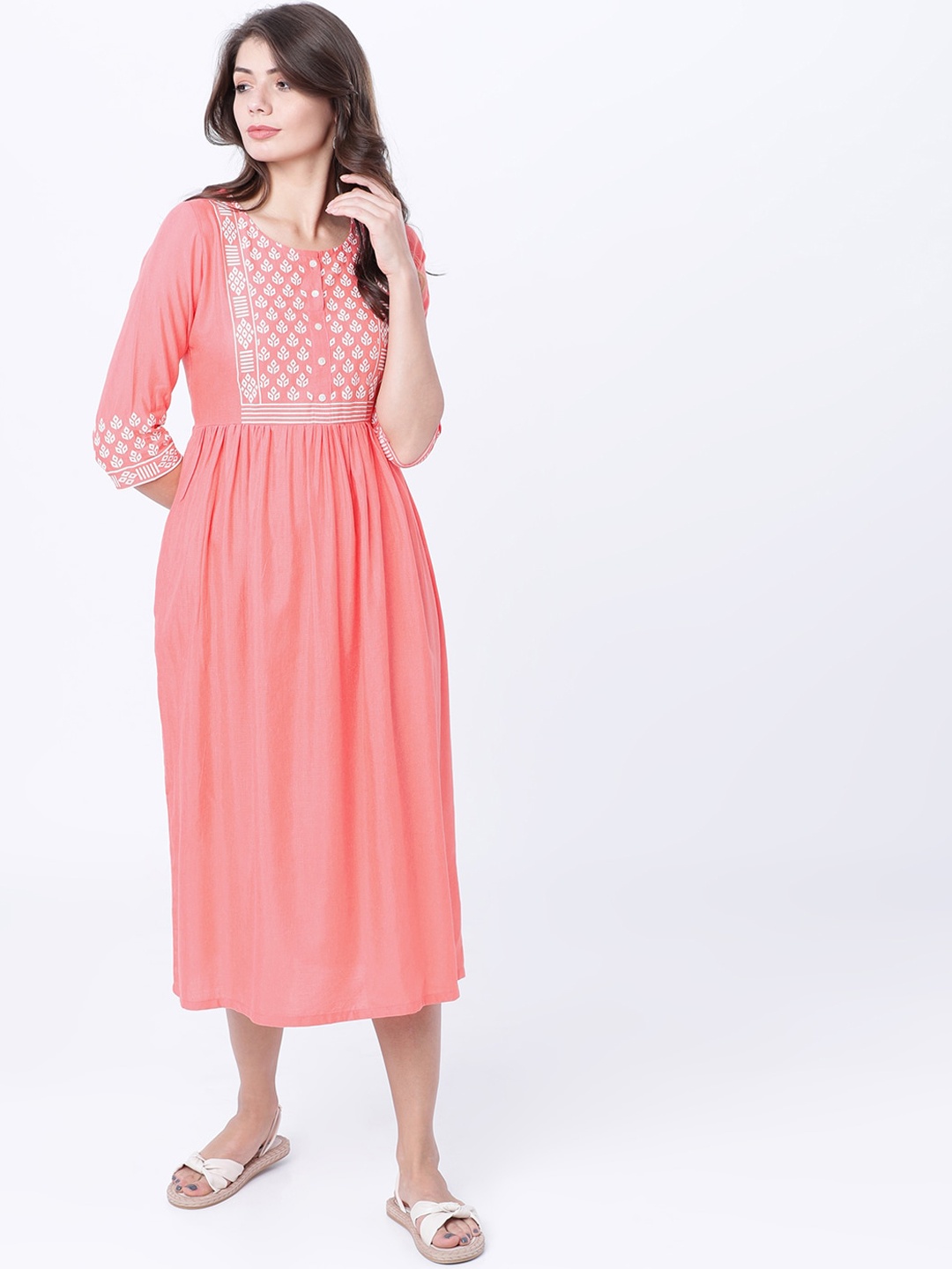 

Vishudh Women Coral Pink Printed A-Line Dress