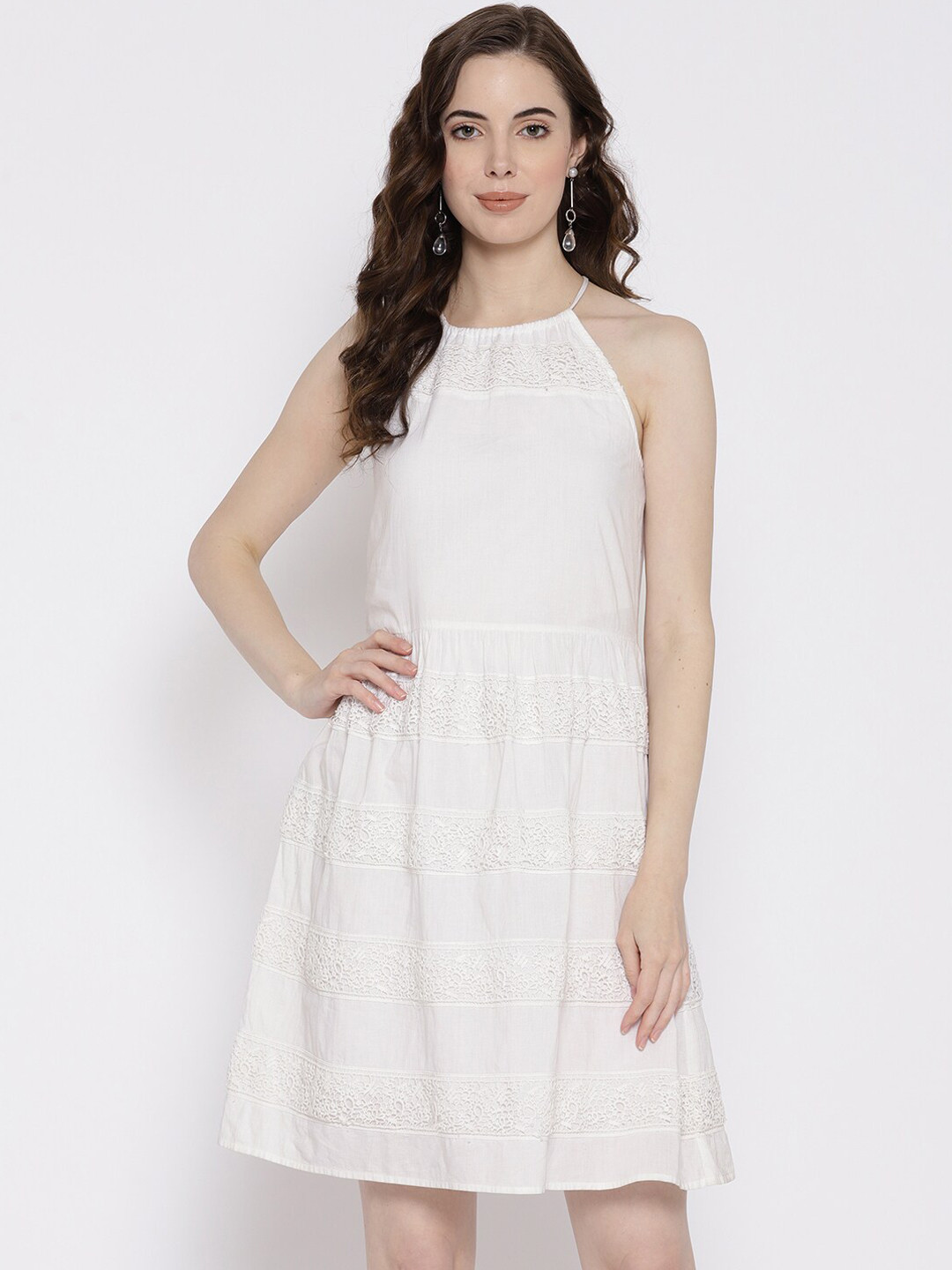 

DODO & MOA Women White Self Design Fit and Flare Dress