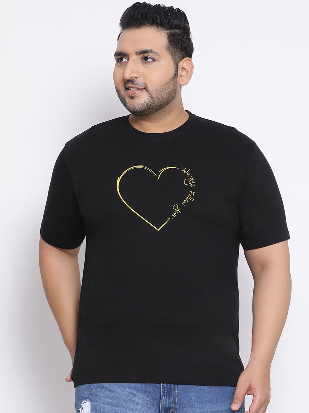 

YOLOCLAN Plus Size Men Black Printed Round Neck Cotton T-shirt