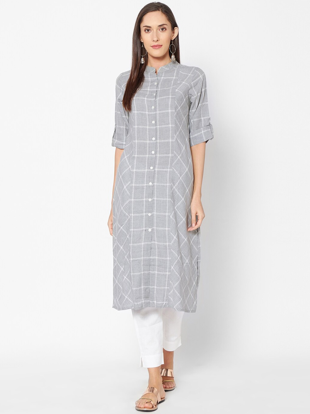 

Fusion Beats Women Grey Checked Straight Kurta