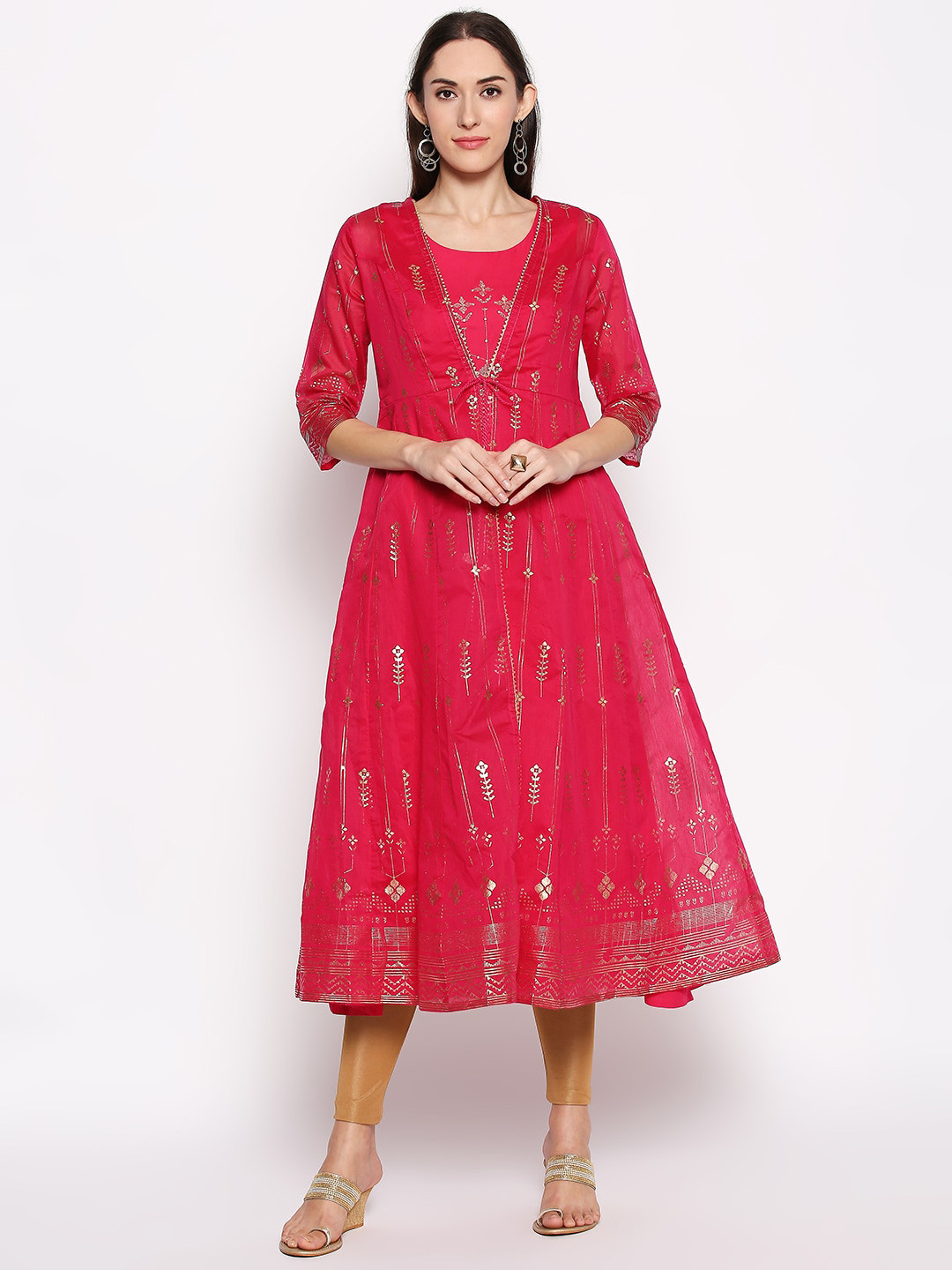 

RANGMANCH BY PANTALOONS Women Fuchsia Pink Woven Design Anarkali Layered Kurta