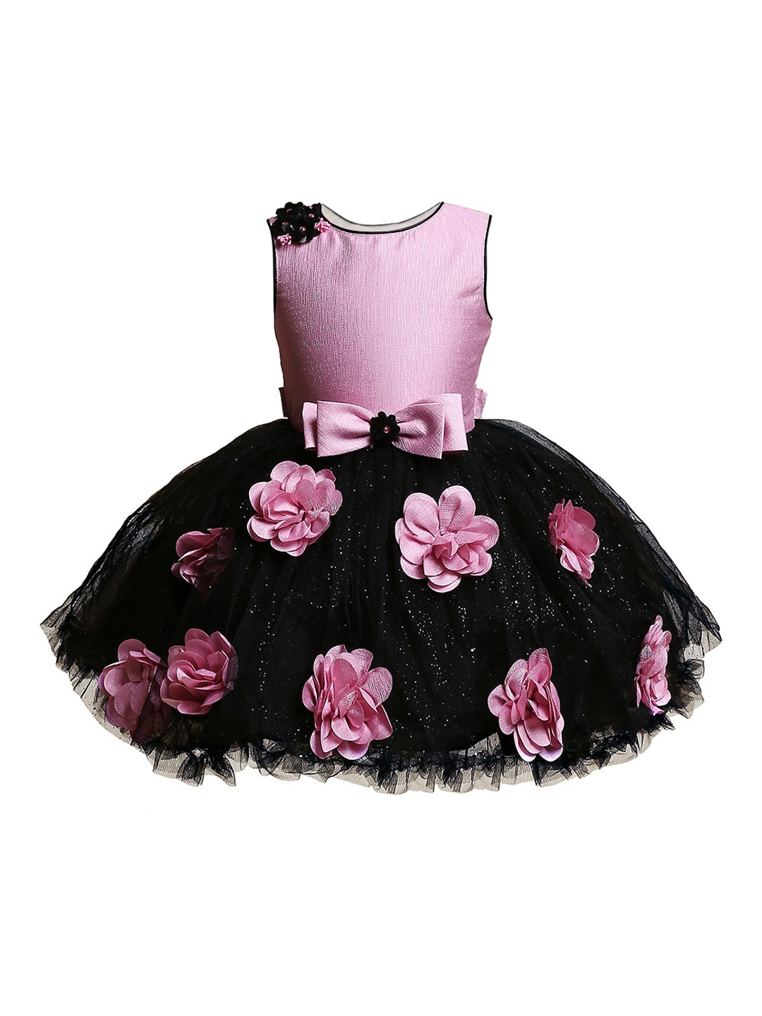 

BETTY Girls Peach-Coloured & Black Self Design Fit and Flare Dress