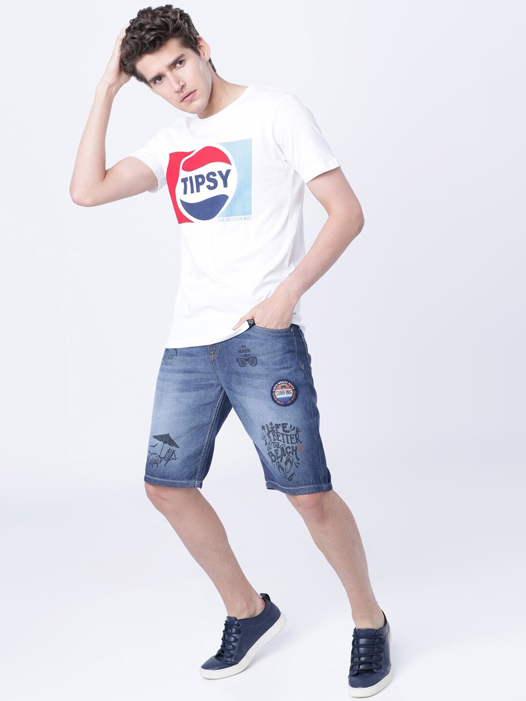 

HIGHLANDER Men Blue Washed Slim Fit Denim Shorts