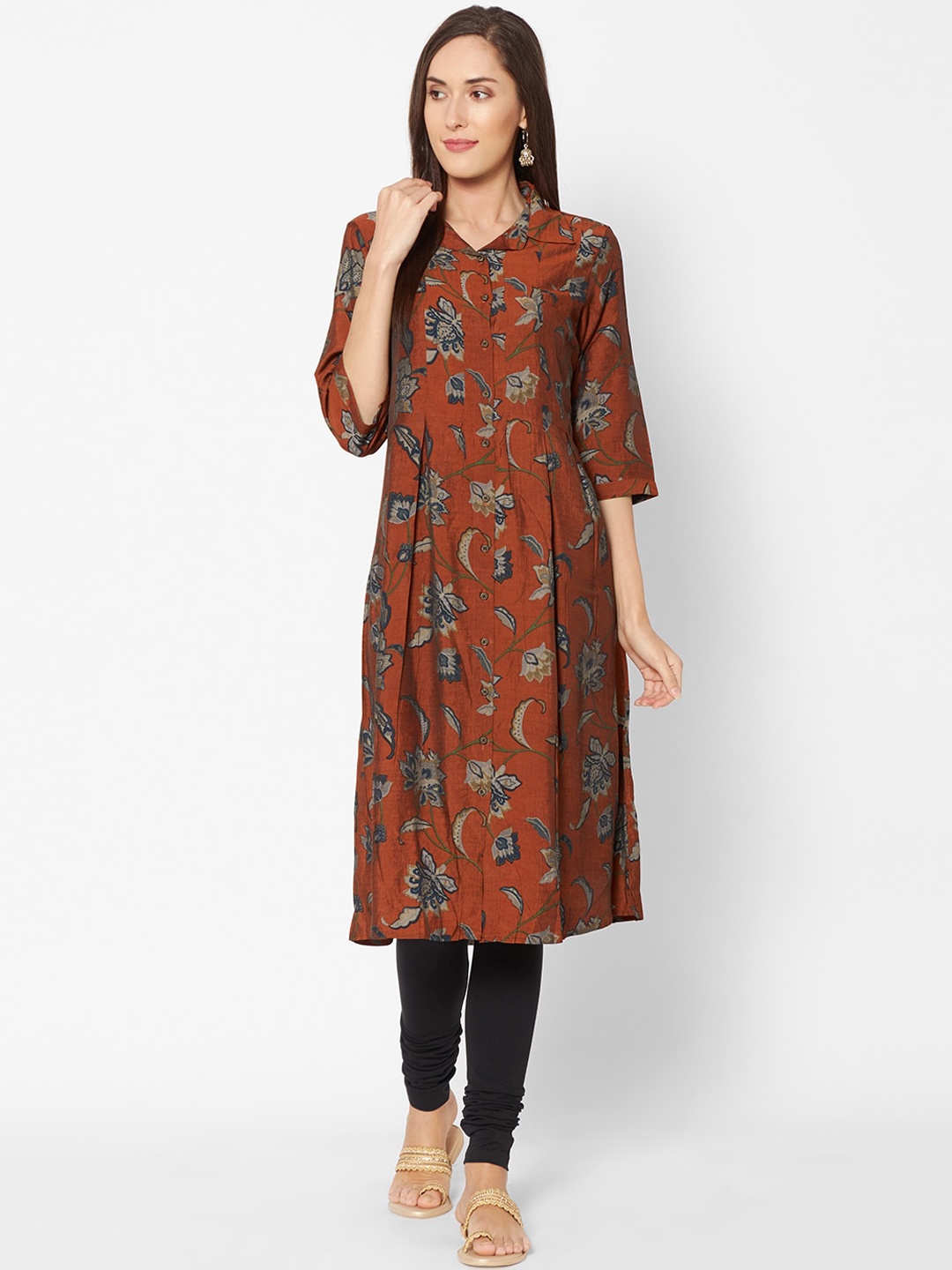 

Fusion Beats Women Brown & Grey Printed A-Line Kurta