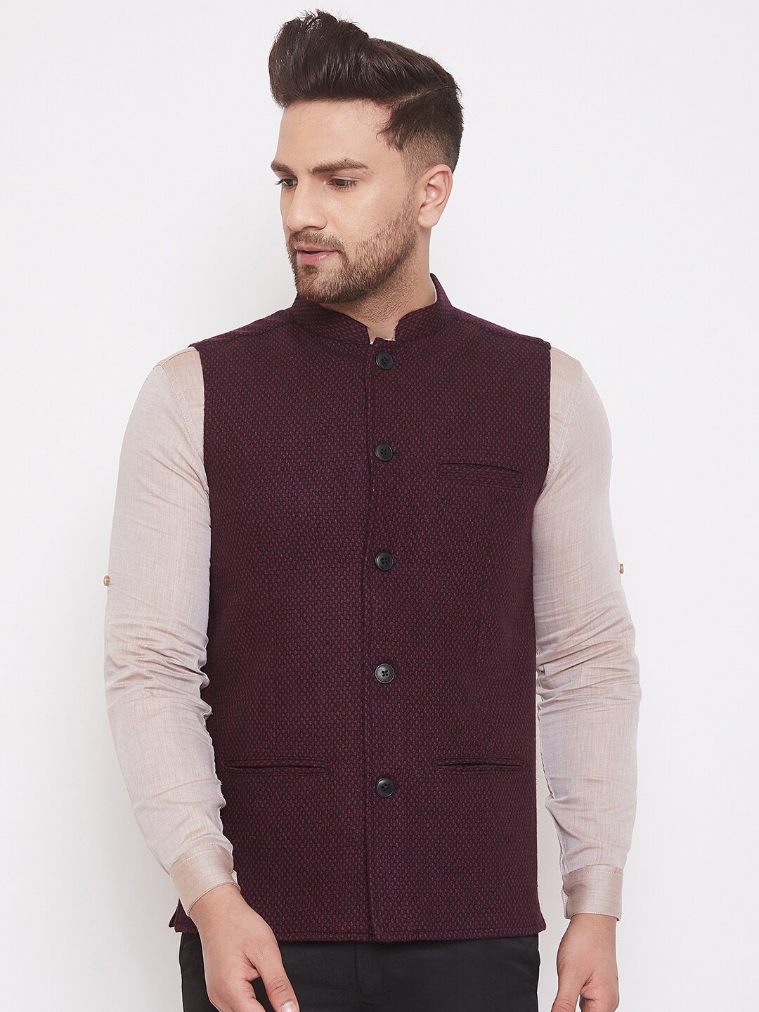 

even Men Maroon Solid Pure Wool Woven Nehru Jacket