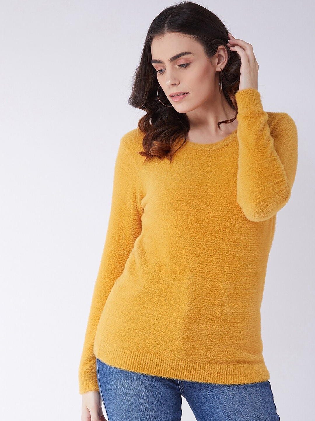 

RVK Women Mustard Yellow Solid Pullover Sweater
