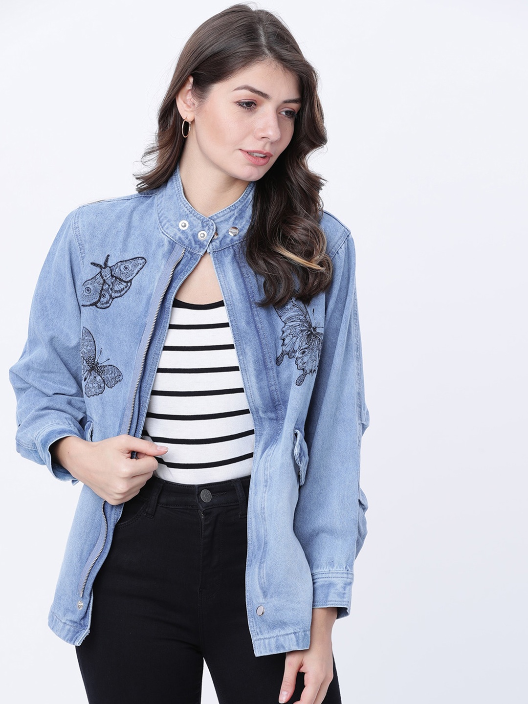 

Tokyo Talkies Women Blue Self Design Denim Jacket