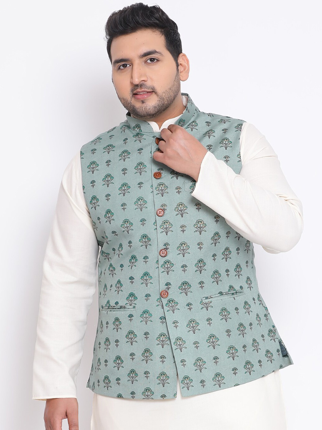 

KISAH PLUS Men Green Printed Nehru Jacket