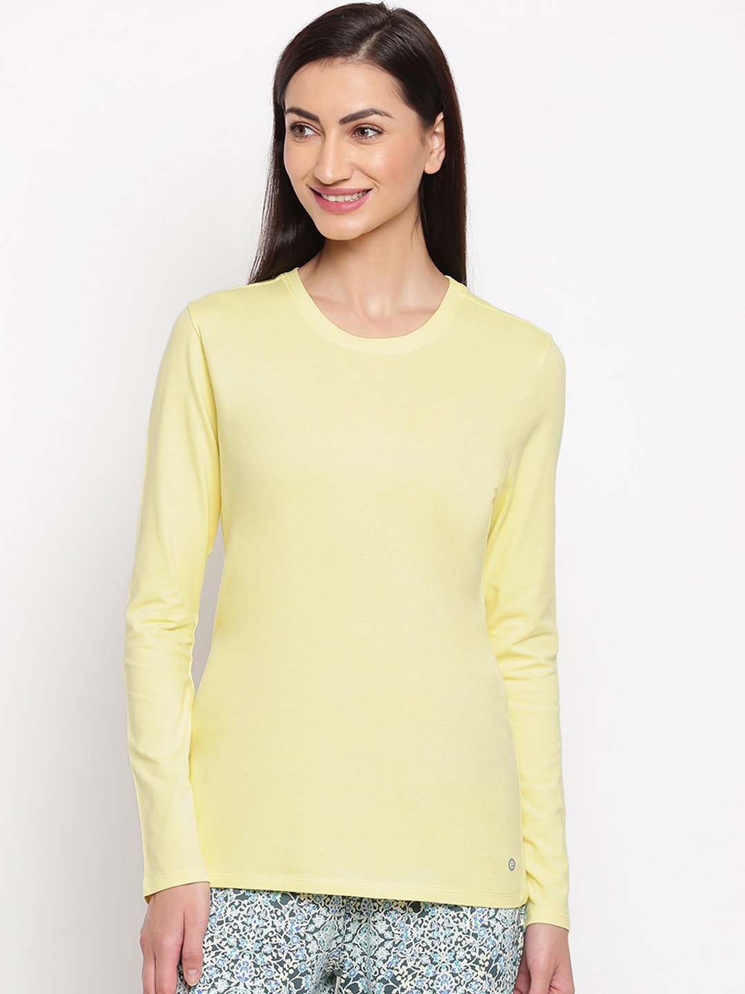 

Enamor E057 Basic Crew Neck Stretch Cotton Tee for Women with Long Sleeves, Yellow
