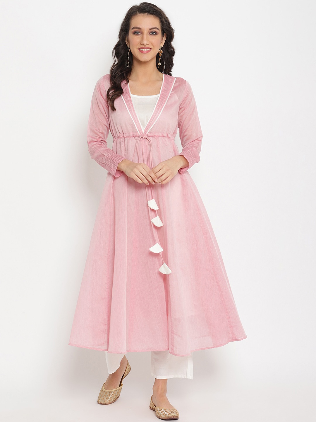 

Abhishti Women Pink & White Yoke Design Kurti with Trousers