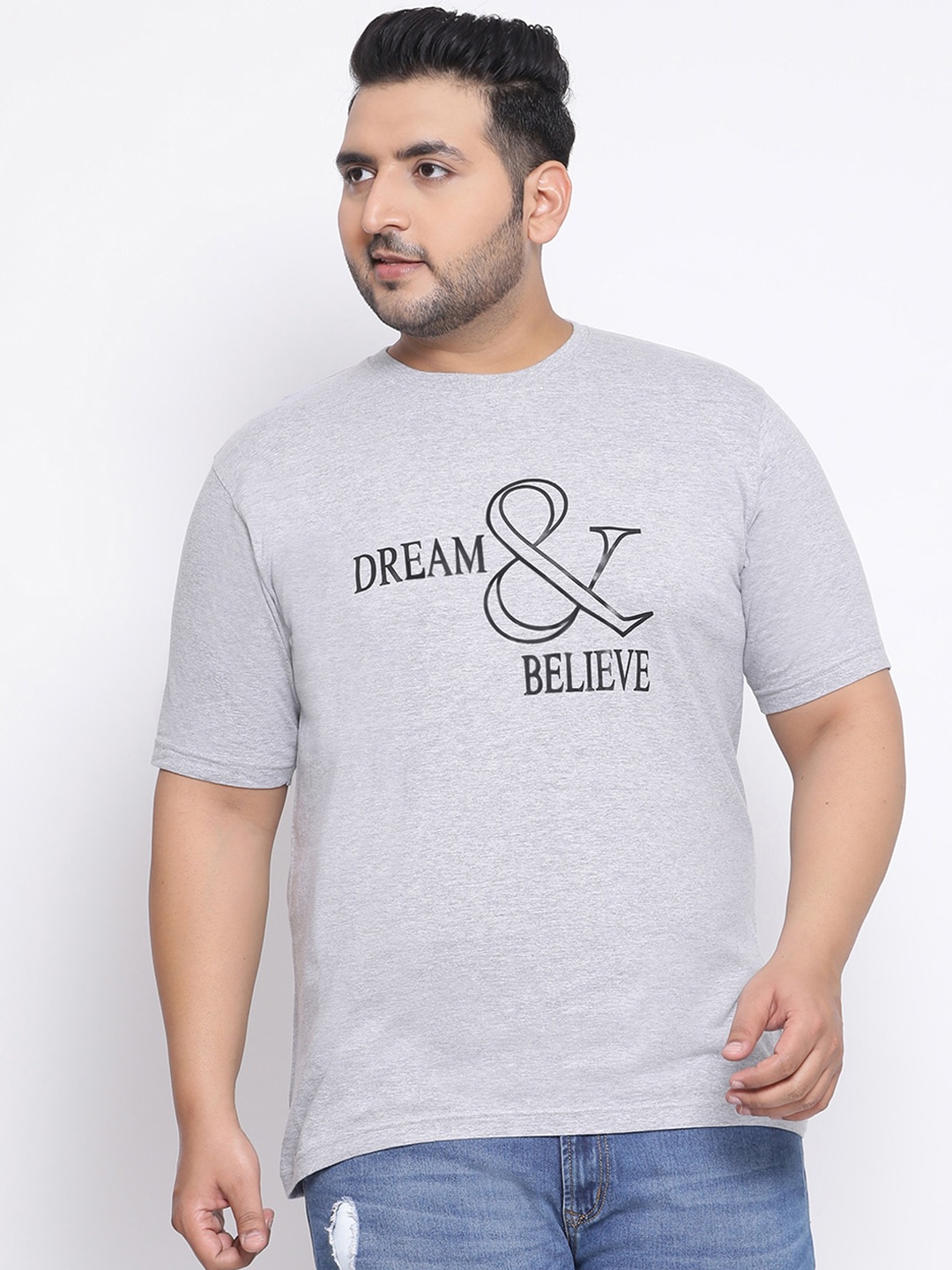 

YOLOCLAN Plus Size Men Grey Printed Round Neck T-shirt