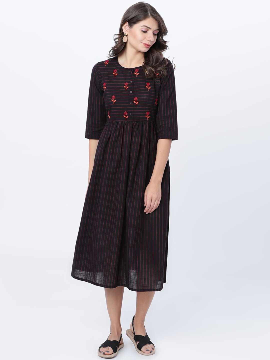 Vishudh Women Black & Red Striped Fit and Flare Dress