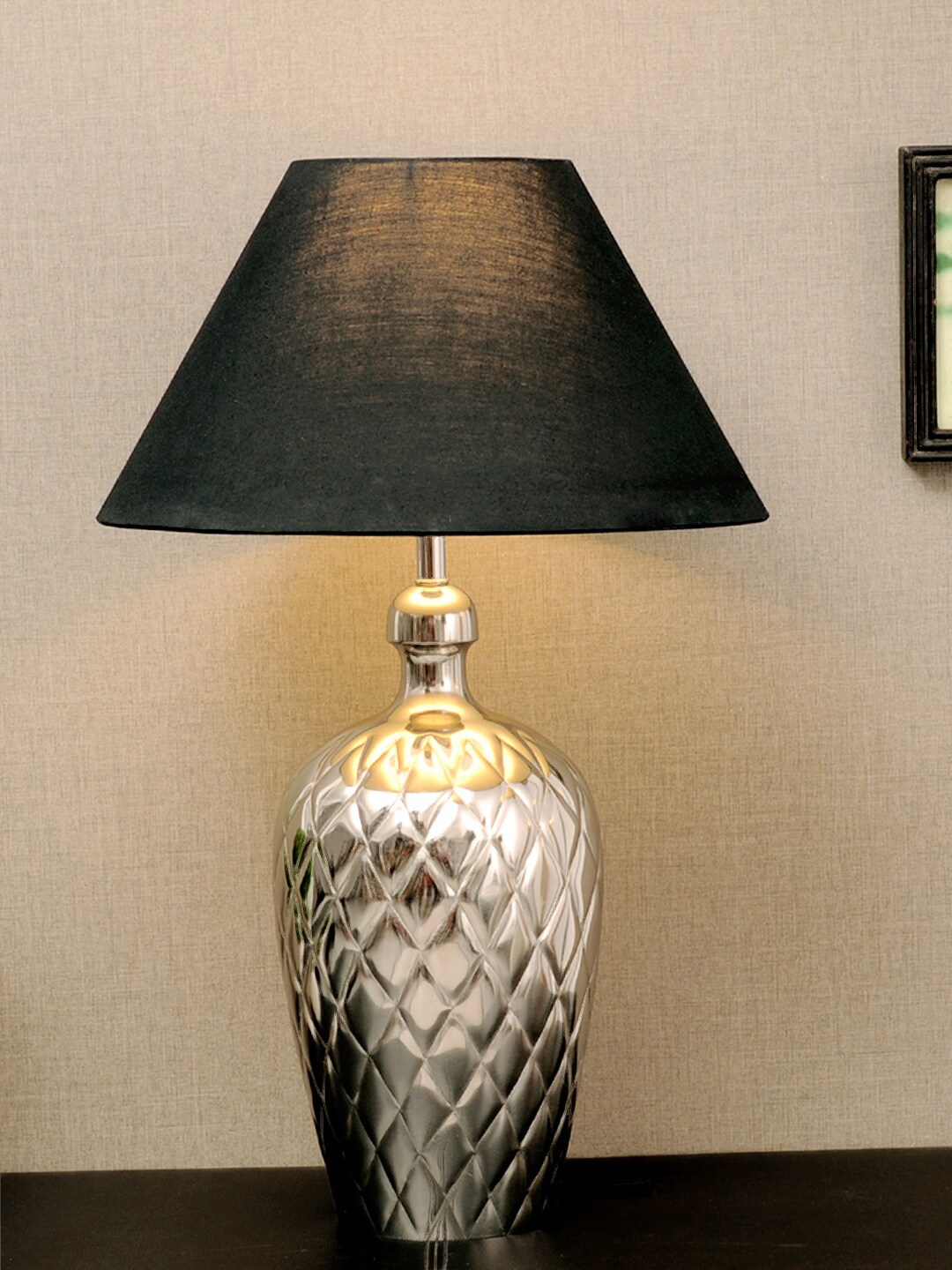 

THE LIGHT STORE Steel-Toned Self-Design Table Lamp With Black Shade