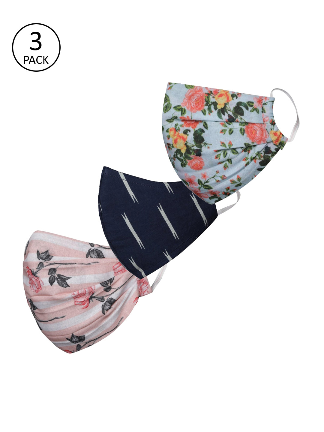 

VASTRAMAY Unisex Pack Of 3 Printed 2-Ply Reusable Cloth Half Face Masks, Navy blue