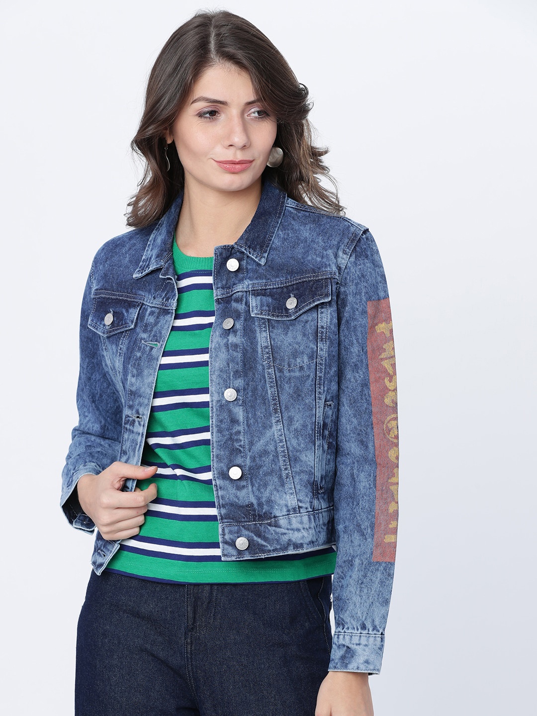 

Tokyo Talkies Women Blue Printed Denim Jacket