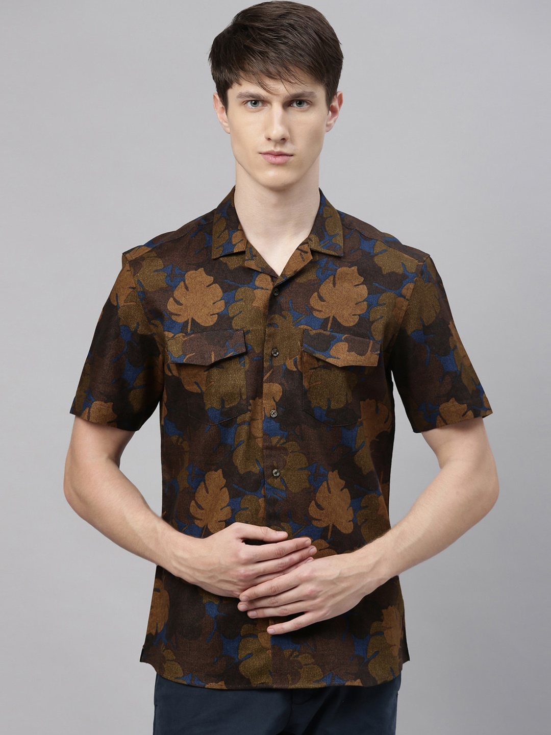 

RARE RABBIT Men Mustard Yellow & Brown Tailored Fit Printed Casual Shirt
