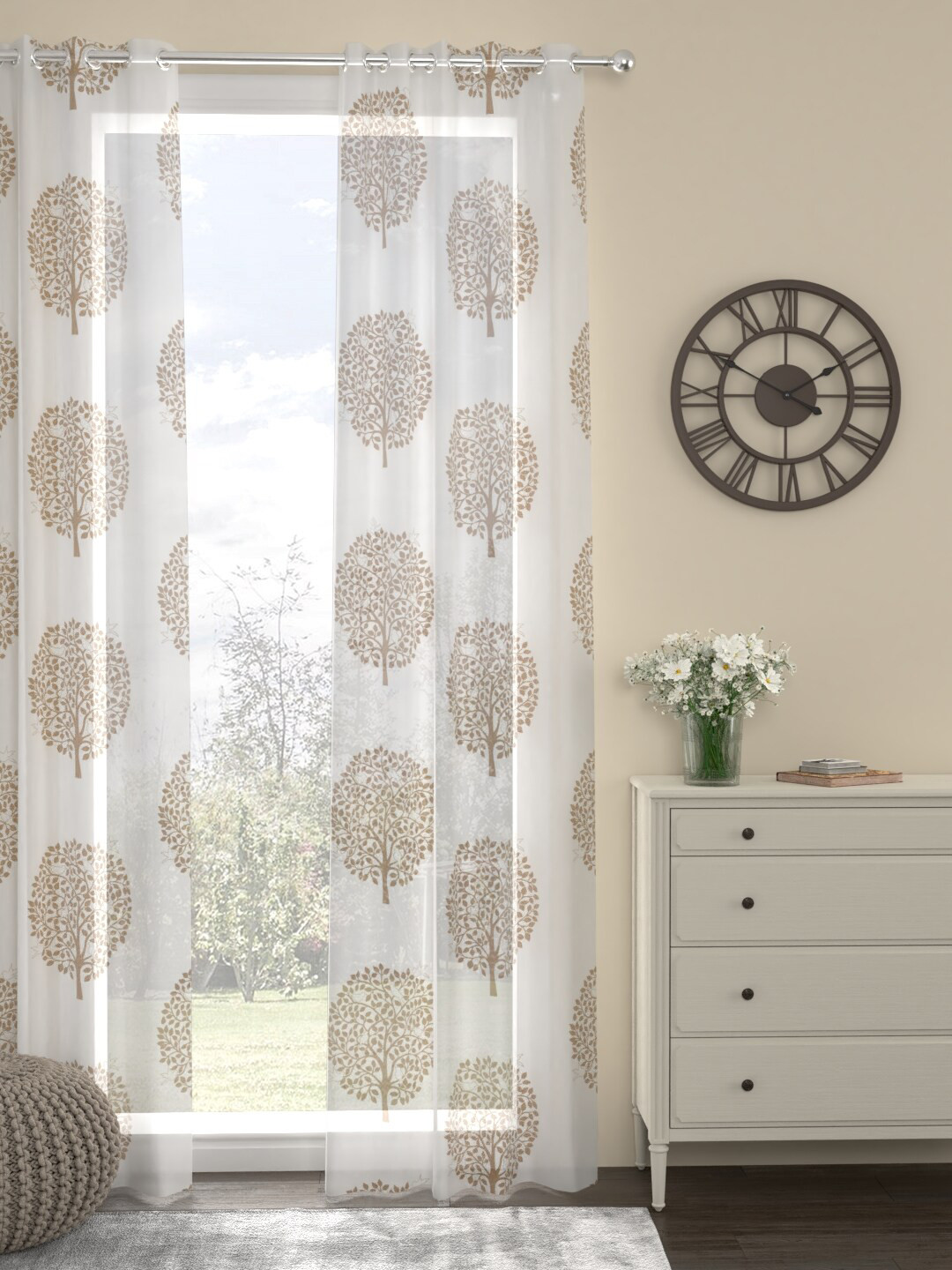 

ROSARA HOME White & Beige Printed Voile Long Door Curtain