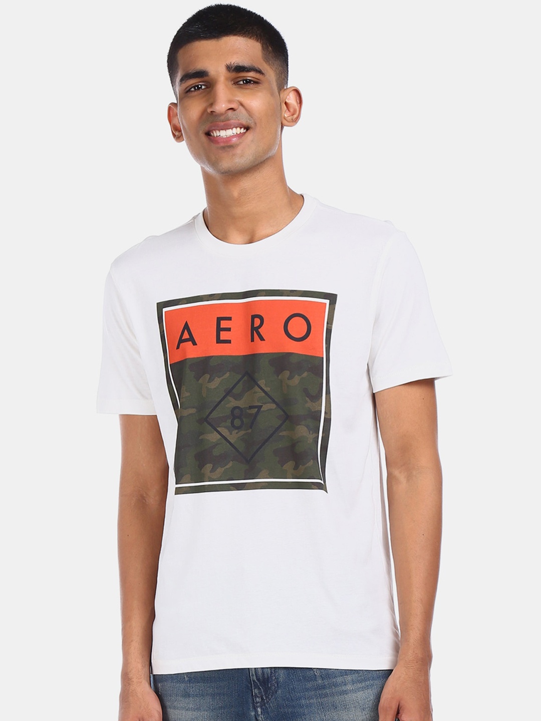 

Aeropostale Men White Printed Round Neck Pure Cotton T-shirt
