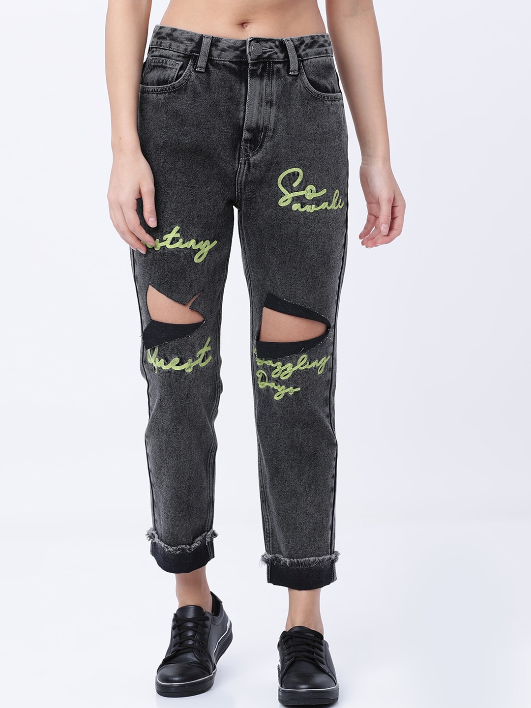 

Tokyo Talkies Women Grey Boyfriend Fit Mid-Rise Highly Distressed Jeans