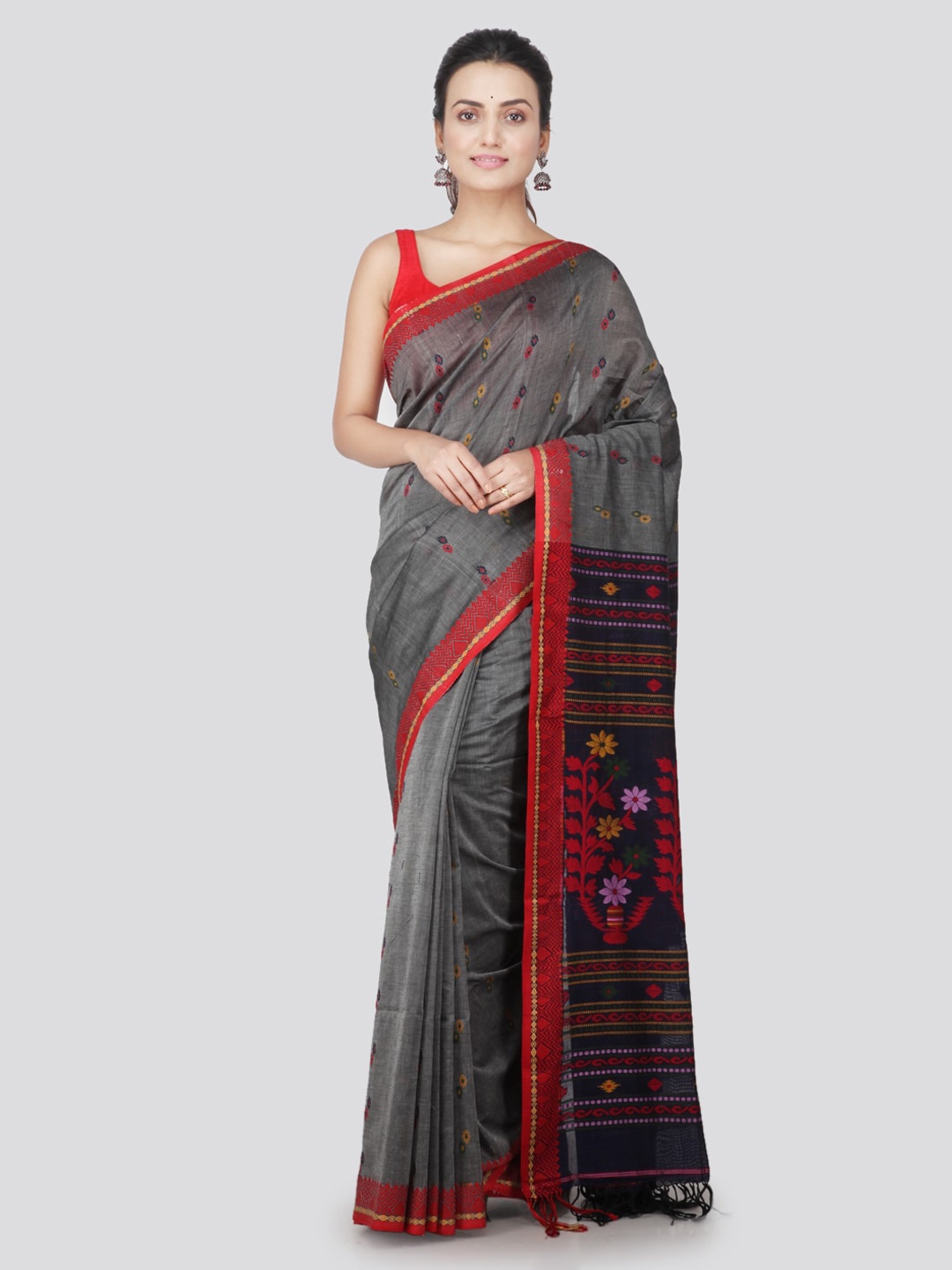 PinkLoom Grey & Red Pure Cotton Woven Design Handloom Saree
