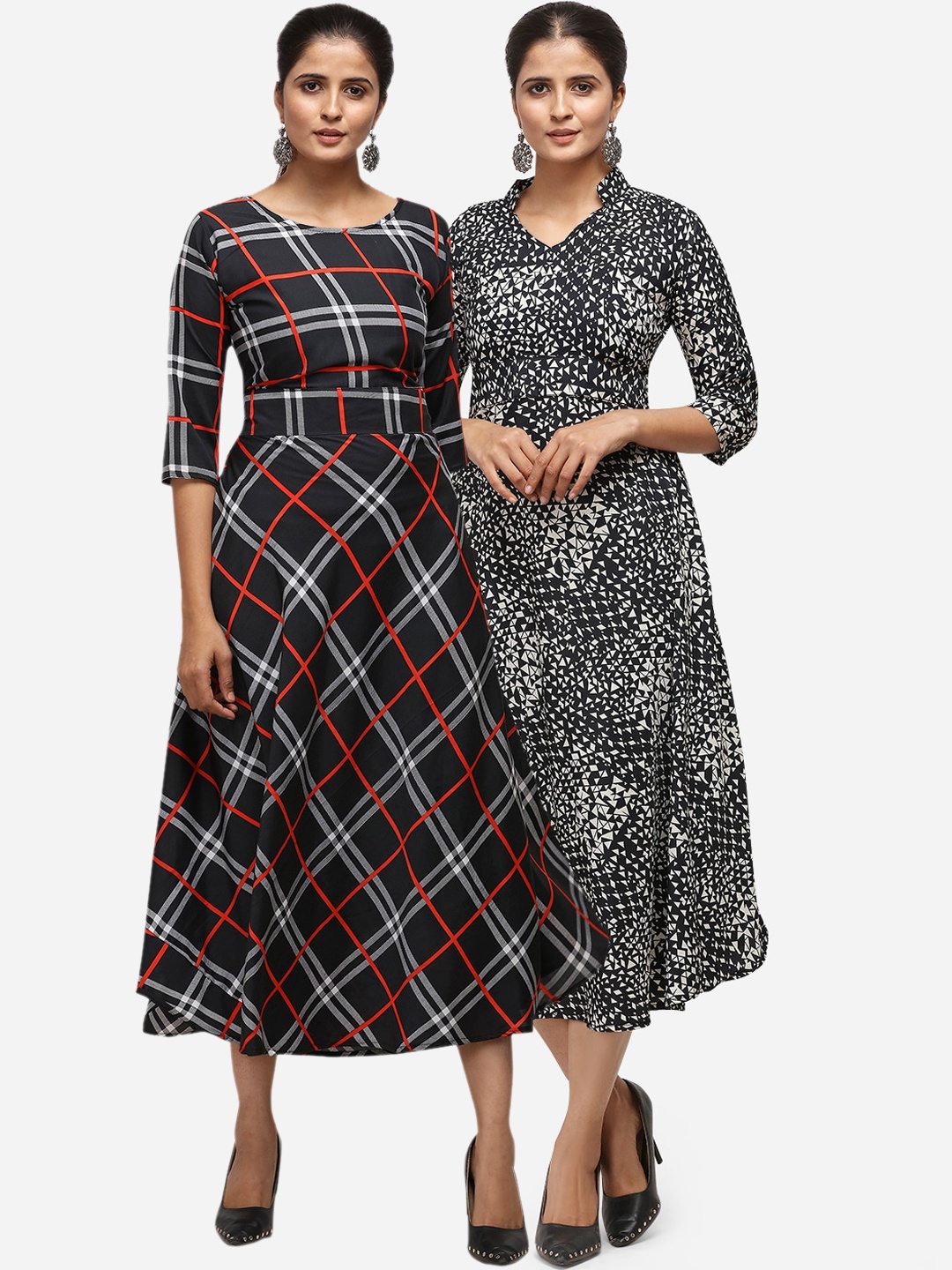 

Florence Women Pack of 2 Checked Fit and Flare Dresses, Black