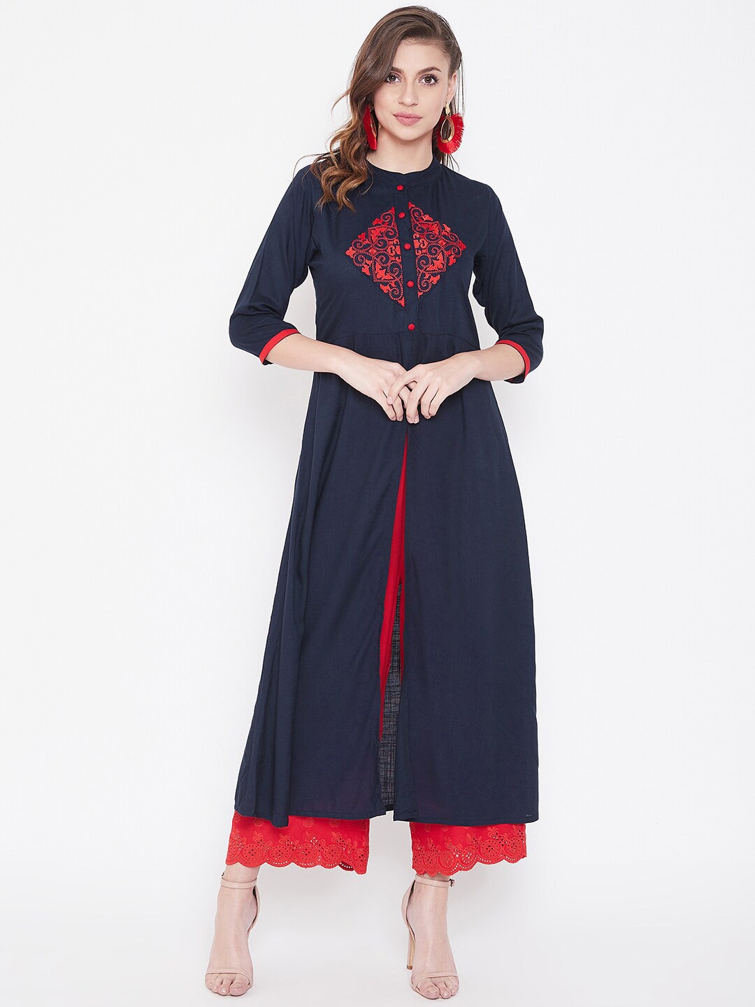 

WineRed Women Navy Blue & Red Embroidered A-Line Kurta