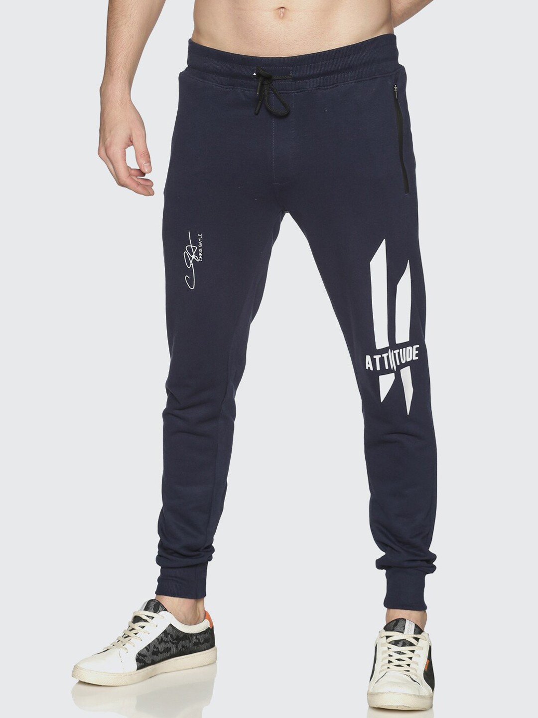 

ATTIITUDE Men Navy Blue & White Printed Slim-Fit Joggers