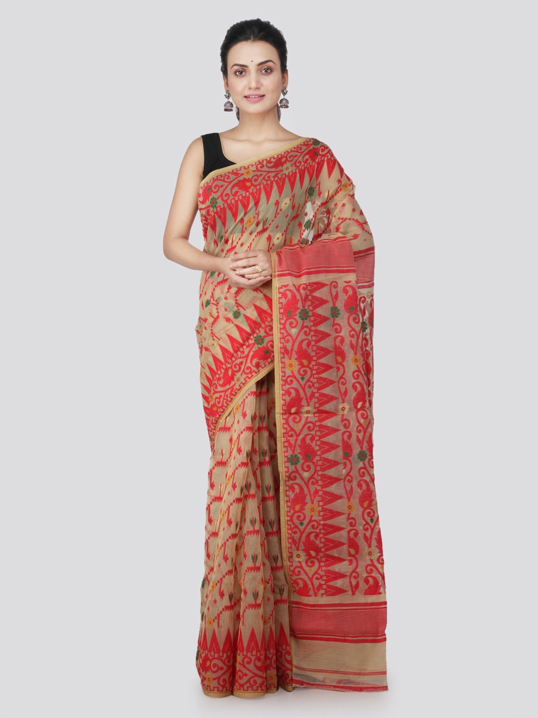 

PinkLoom Beige & Red Pure Cotton Woven Design Handloom Sustainable Saree