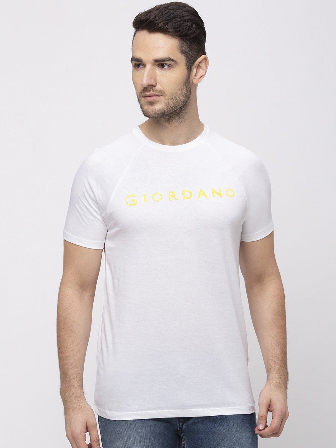

GIORDANO Men White Brand Logo Printed Round Neck T-shirt