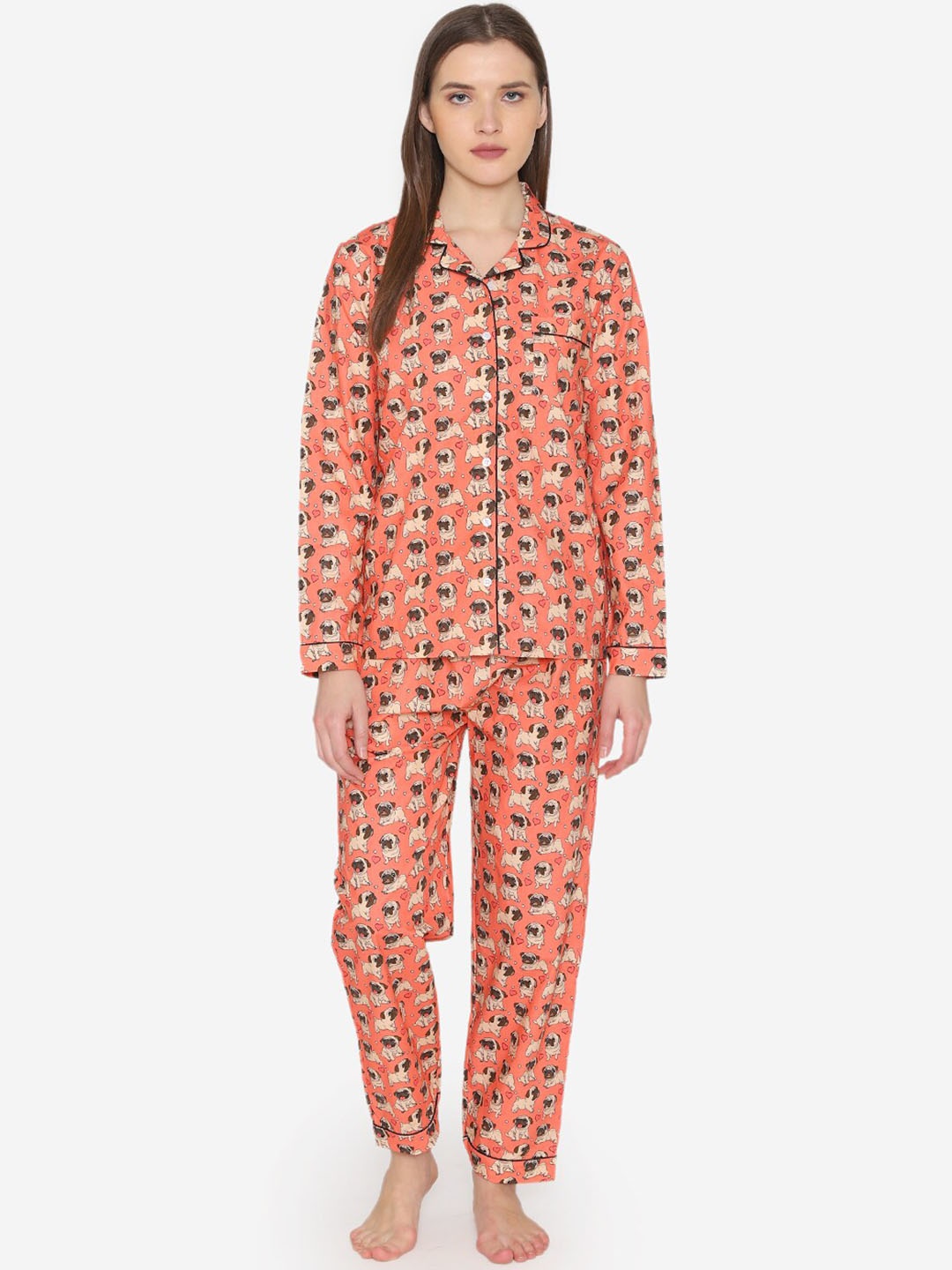 

Fluffalump Women Peach-Coloured & Beige Pug World Printed Night Suit